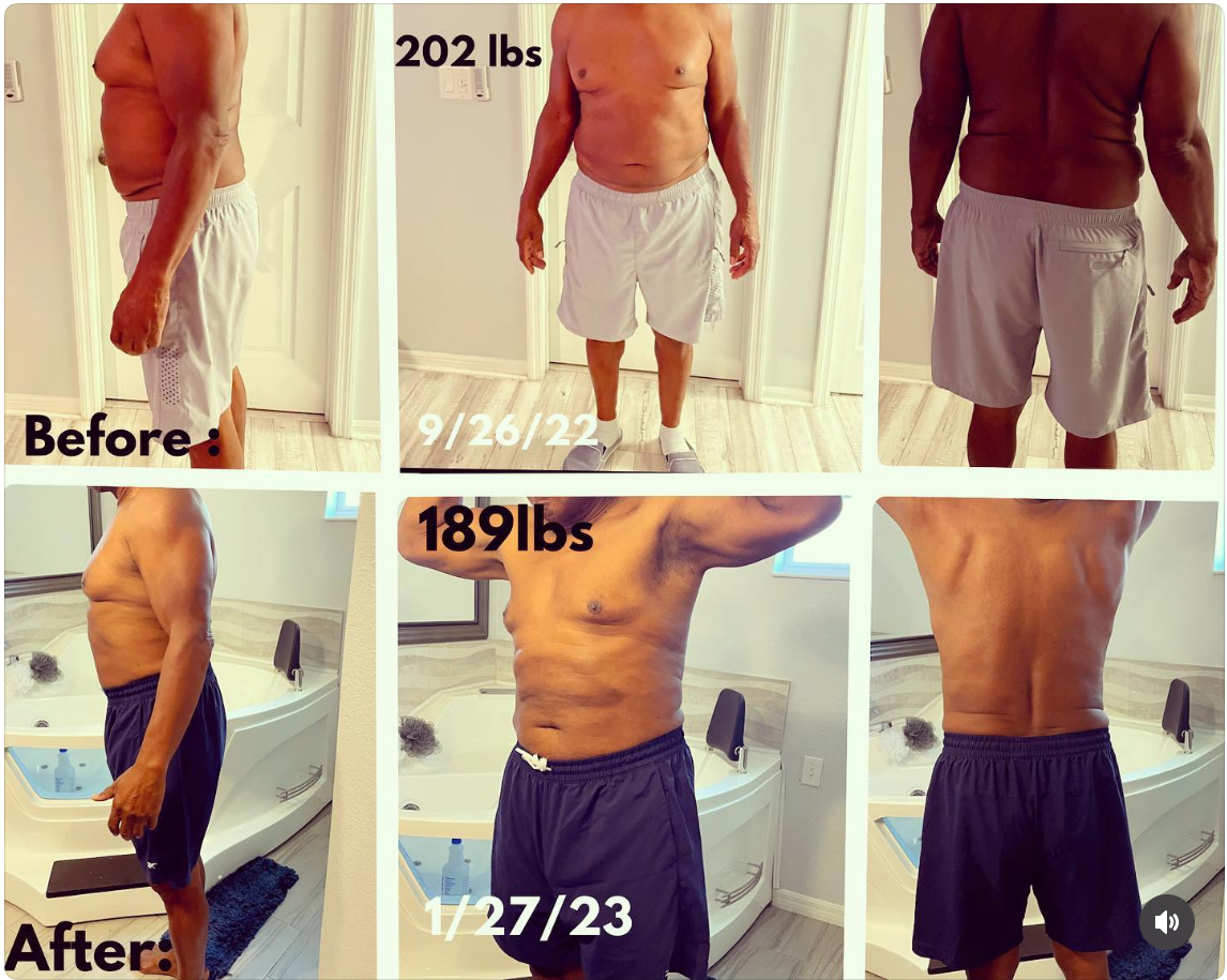 Comparison of before and after weight loss photos showing a man's torso and legs, with weight labels and dates.