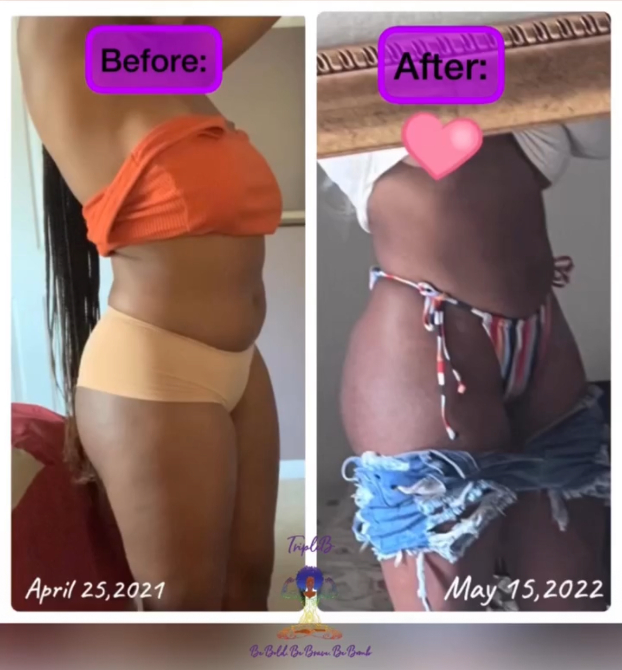 Side-by-side comparison of a person's torso before and after weight loss, with dates and labels.