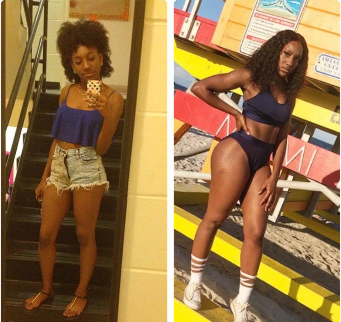 Two women with curly hair in casual outfits, one taking a mirror selfie, the other standing outdoors near a colorful structure.