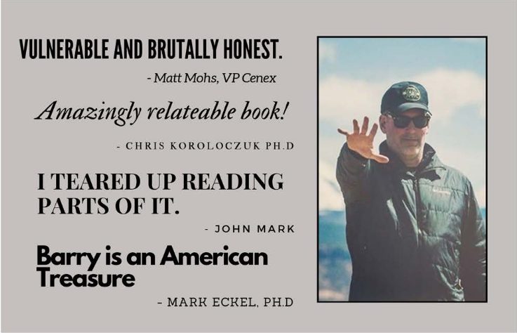 Book page with quotes and a photo of a person wearing sunglasses and a cap, waving outdoors.
