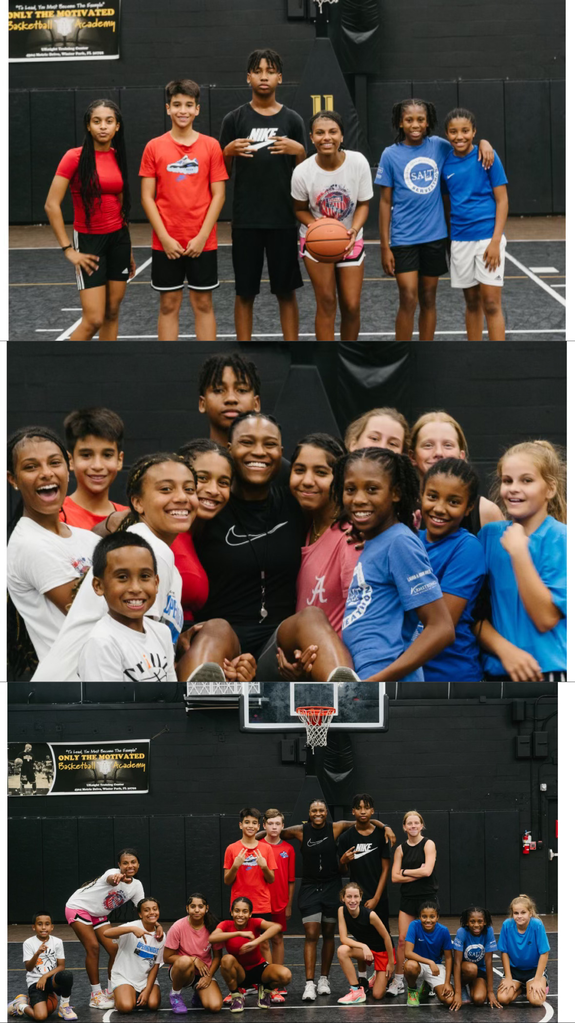 Group of children and adults on a basketball court, some holding basketballs, smiling, with a basketball hoop in the background.