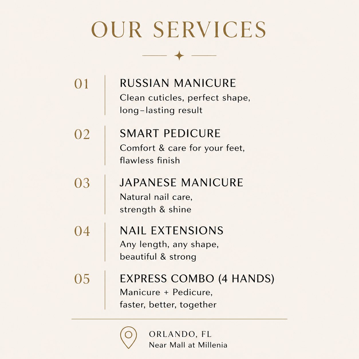 List of salon services including Russian, Japanese manicures, pedicure, nail extensions, and express combo, with location in Orlando, FL.