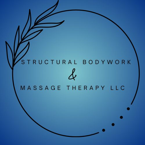 Logo with a circular design, leaf illustration, and text for structural bodywork and massage therapy LLC.