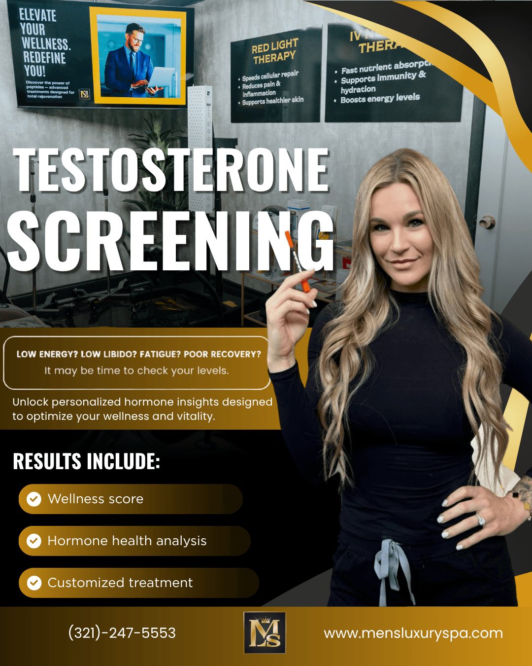 A woman with long blonde hair smiling, standing in front of a screen displaying health information, promoting testosterone screening.
