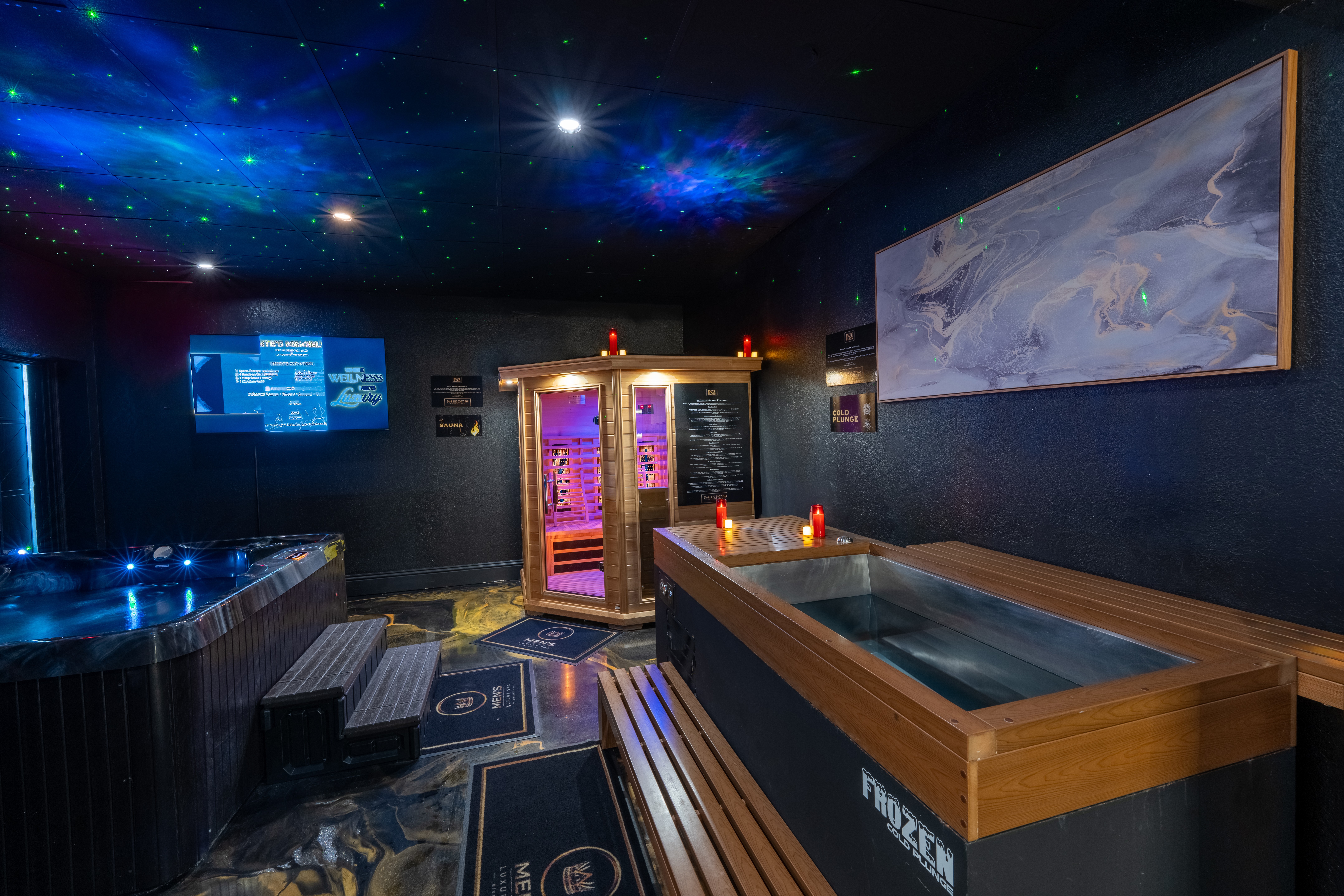 Interior of a room with a starry ceiling, digital screens, a wooden hot tub, and ambient lighting, with a painting on the wall.