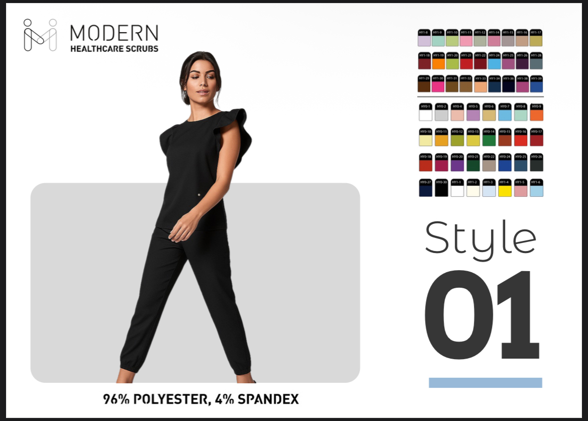 Woman in black outfit standing with hands on hips, colorful fabric swatches, style number 01, polyester and spandex blend.