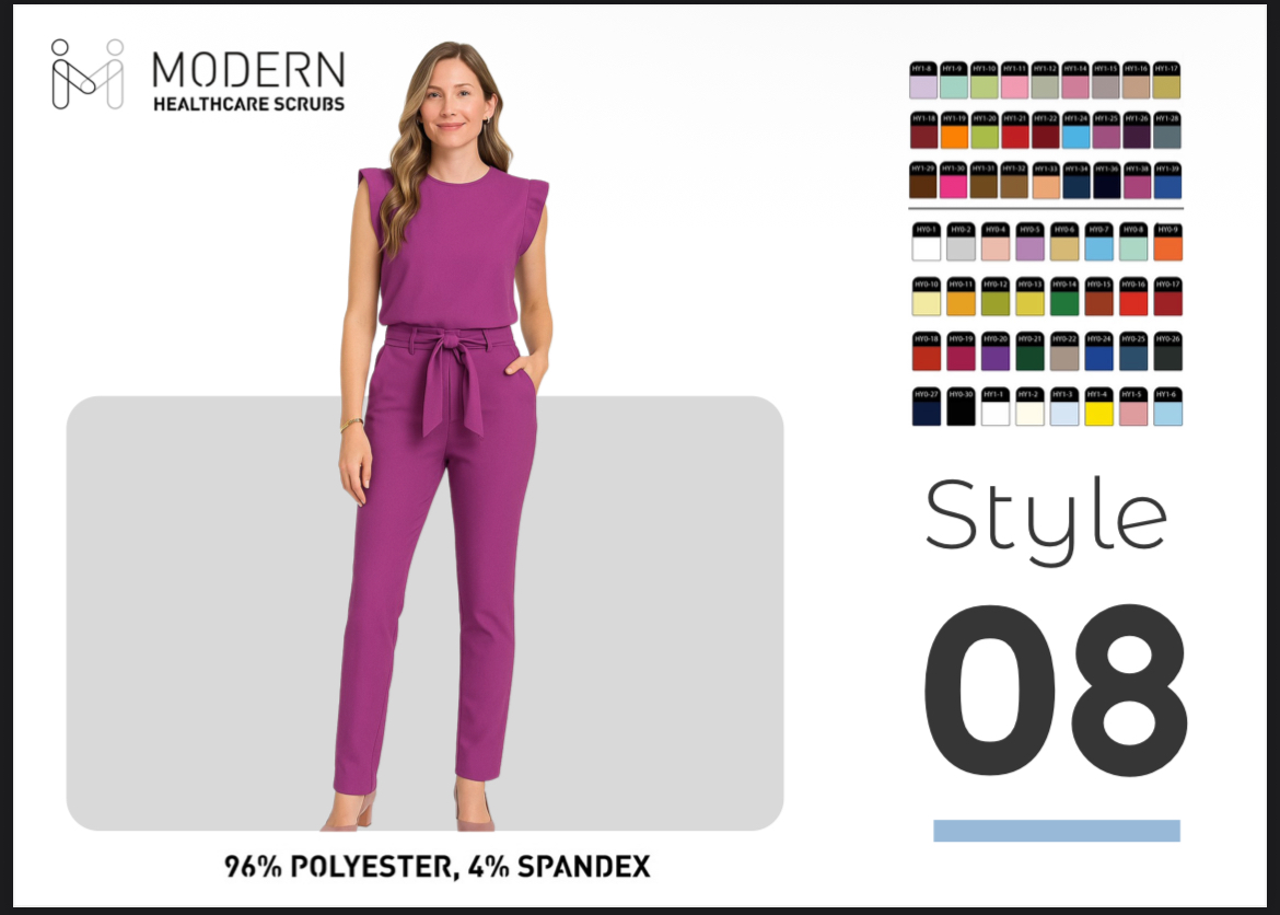 Woman in purple jumpsuit standing with hands in pockets, smiling, with color swatches and style number 08 in background.