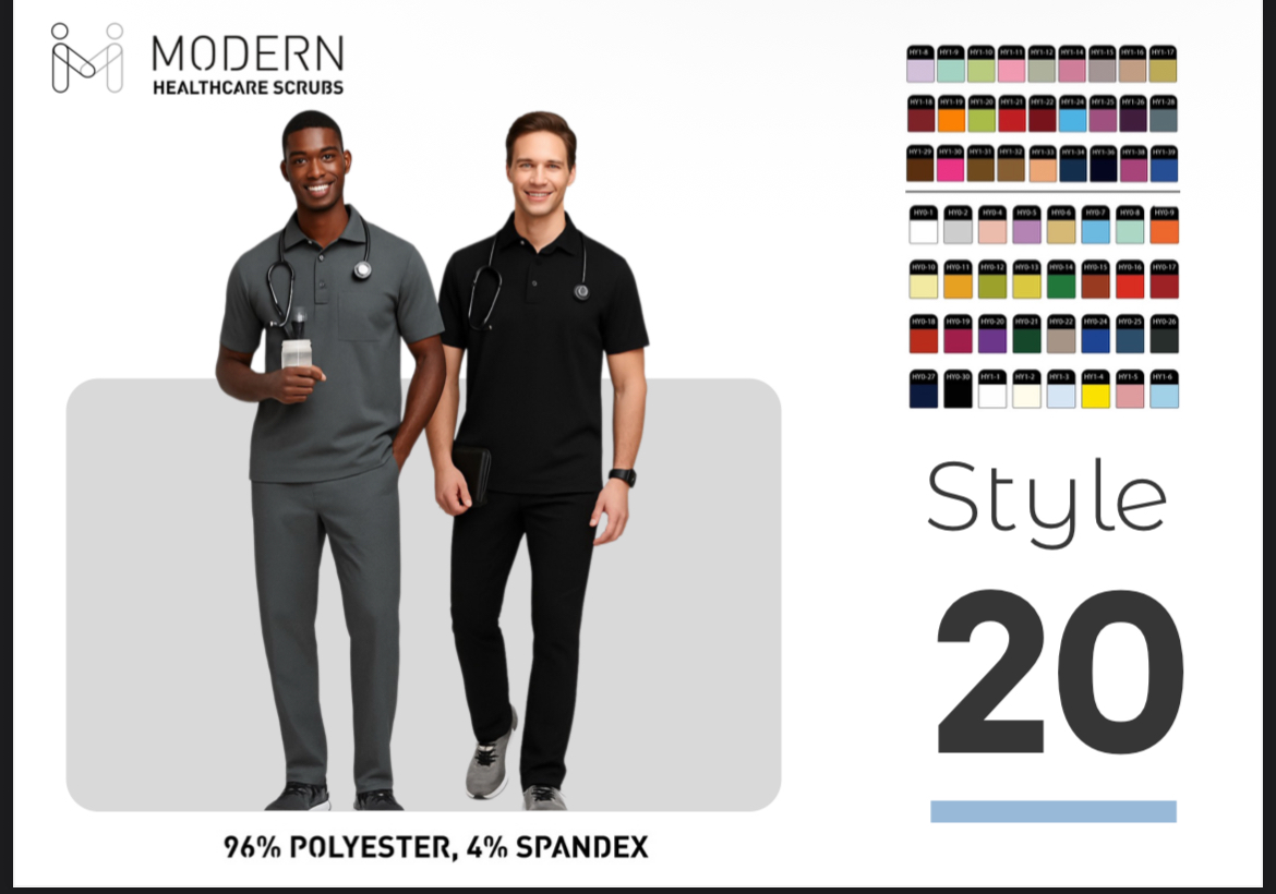 Two healthcare professionals in scrubs, one holding a clipboard, standing side by side, with color options and style number 20 displayed.