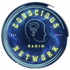 Circular logo with a human head outline, spiral inside, surrounded by text 'Conscious Network Radio' and 'Est. 2015'.