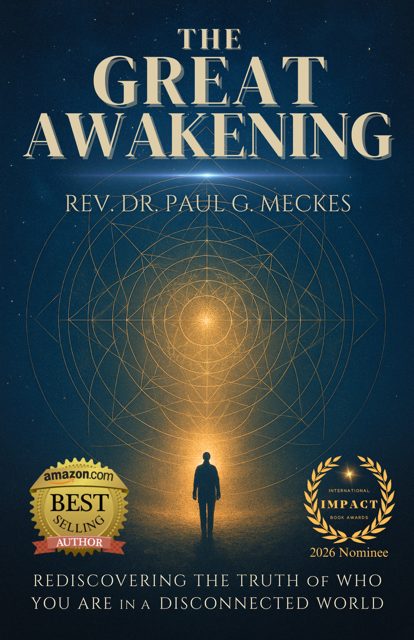 Book cover titled 'The Great Awakening' by Rev. Dr. Paul G. Meckes, featuring a silhouette of a person and a glowing geometric pattern.