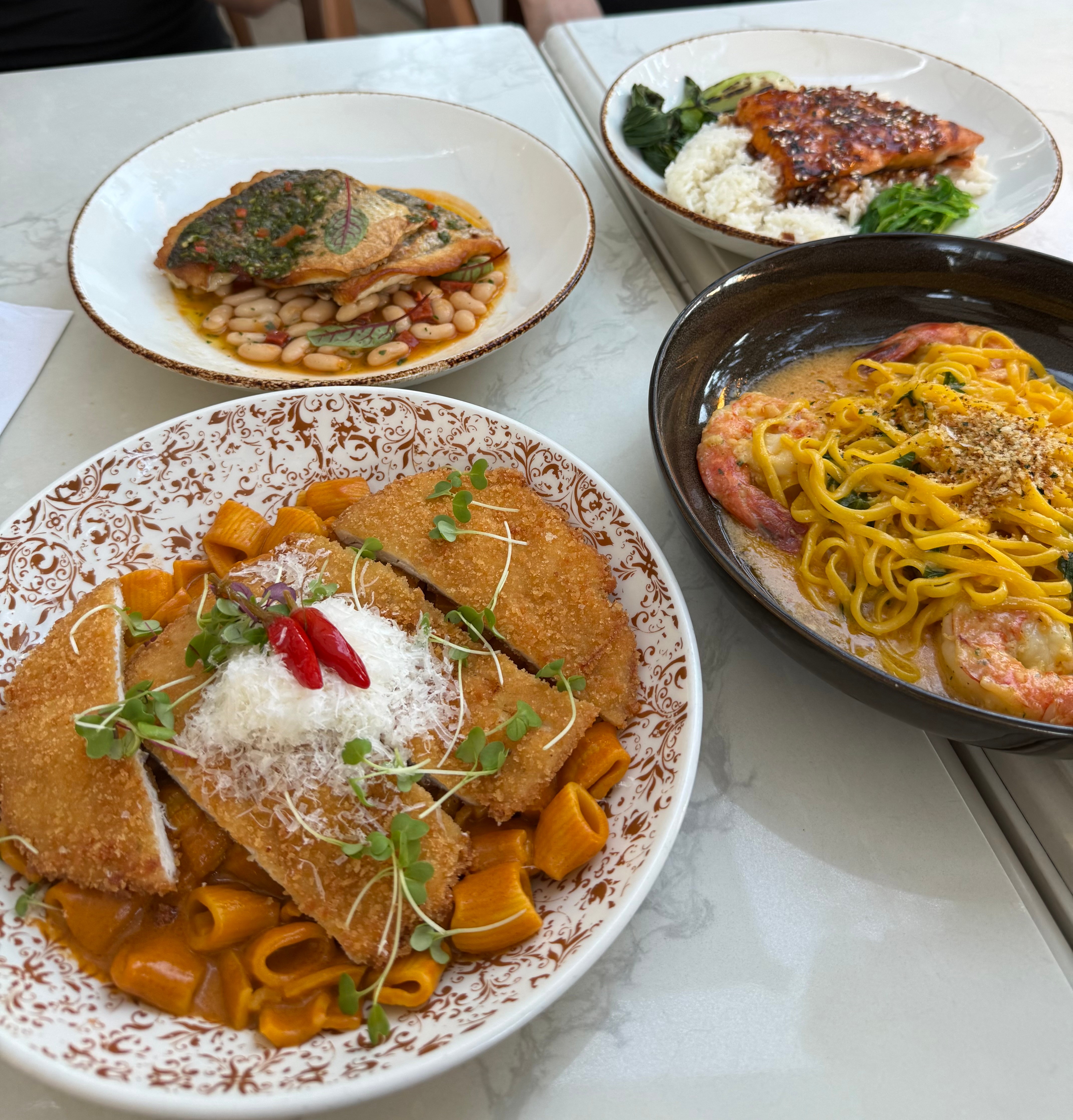 Four dishes on a table: fish with beans, rice with sauce, breaded meat with vegetables, and pasta with sauce.