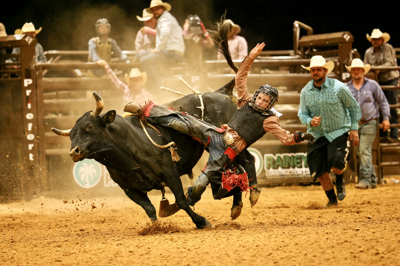 Rodeo event with a person falling off a bucking bull, dust flying, and spectators in the background wearing cowboy hats.