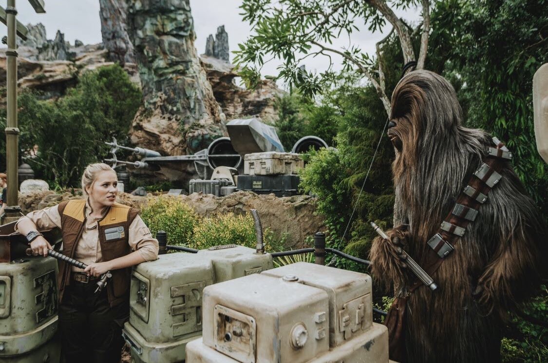 Person in uniform facing Chewbacca character with trees and rocks in background.