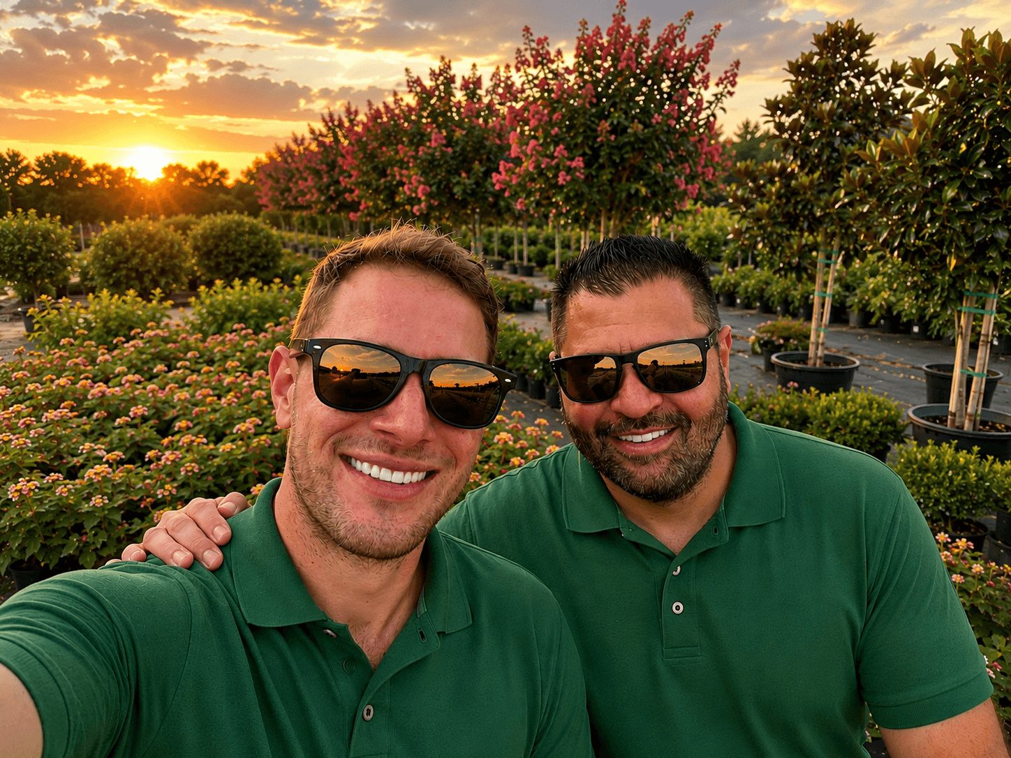Two men wearing green shirts and sunglasses smiling outdoors during sunset with trees and flowers in background.