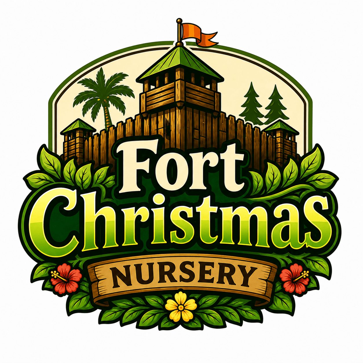 Colorful logo with a wooden fort, palm trees, and flowers, featuring text for Fort Christmas Nursery.