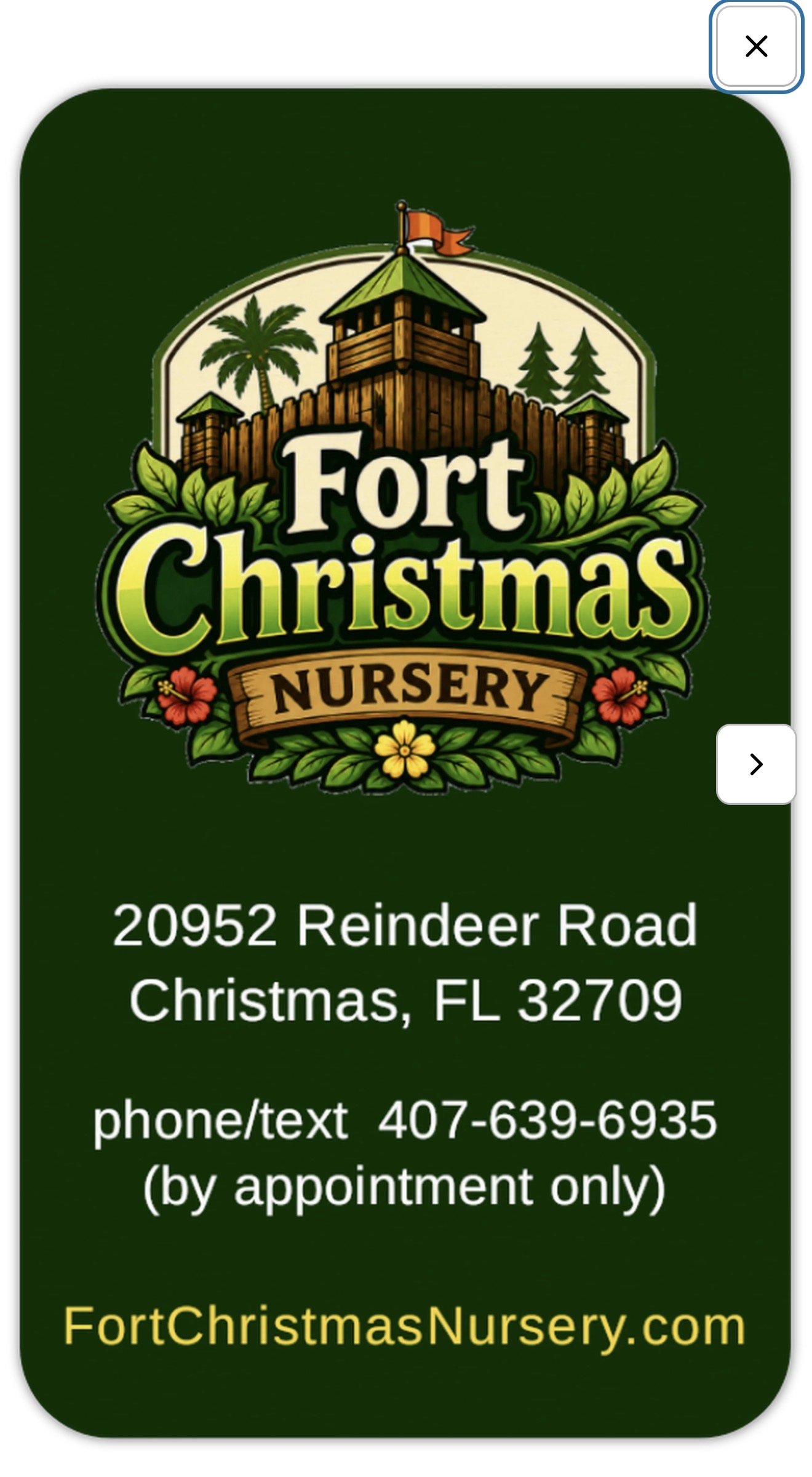 Fort Christmas Nursery logo with a wooden fort, palm trees, and holiday decorations, address, and website information.