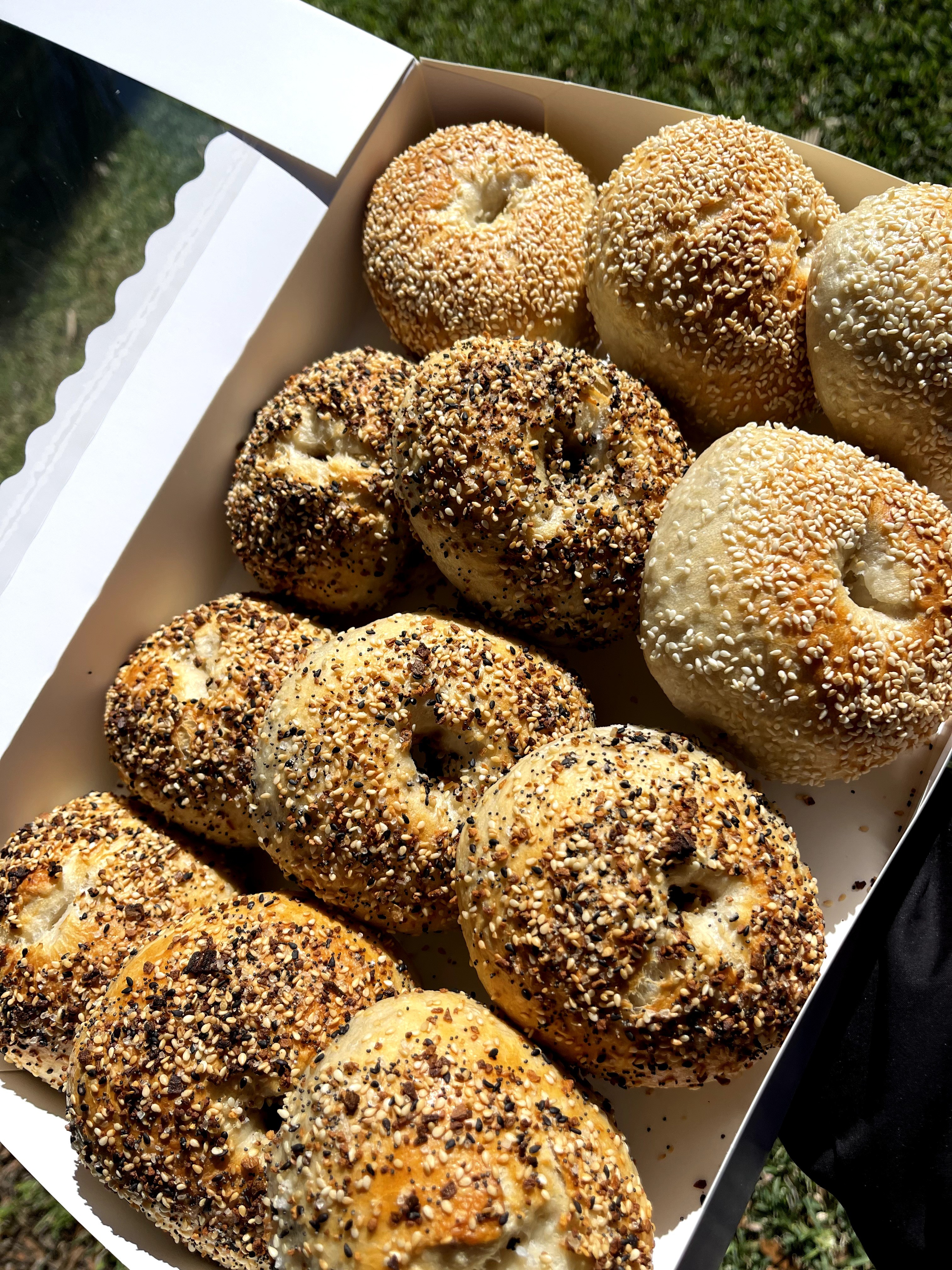 Box of assorted bagels with sesame, poppy, and other toppings, arranged in a white container outdoors.
