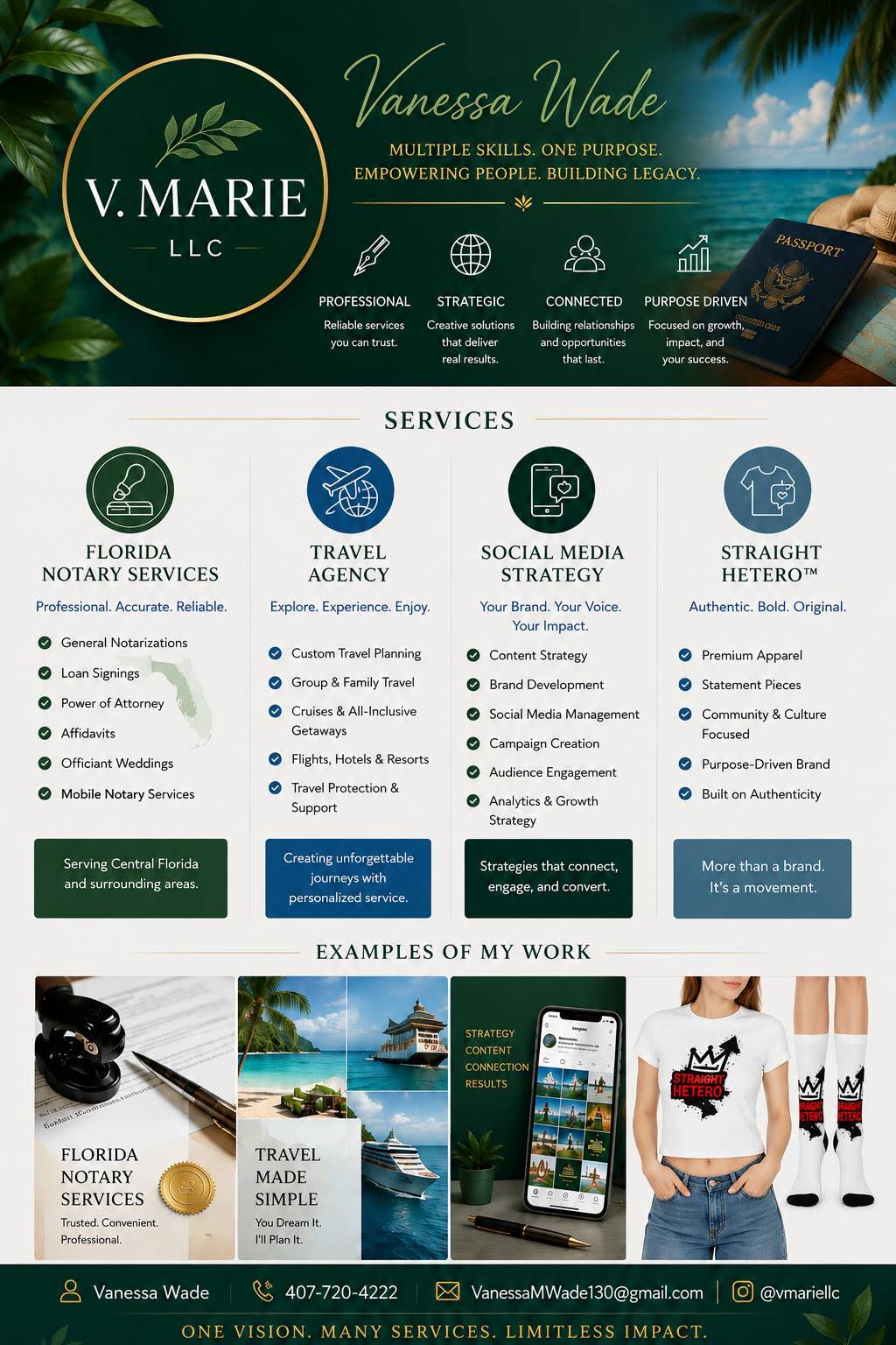 Business card with name Vanessa Wade, V. Marie LLC, Florida Notary Services, services, examples of work, contact info, and social media icons.