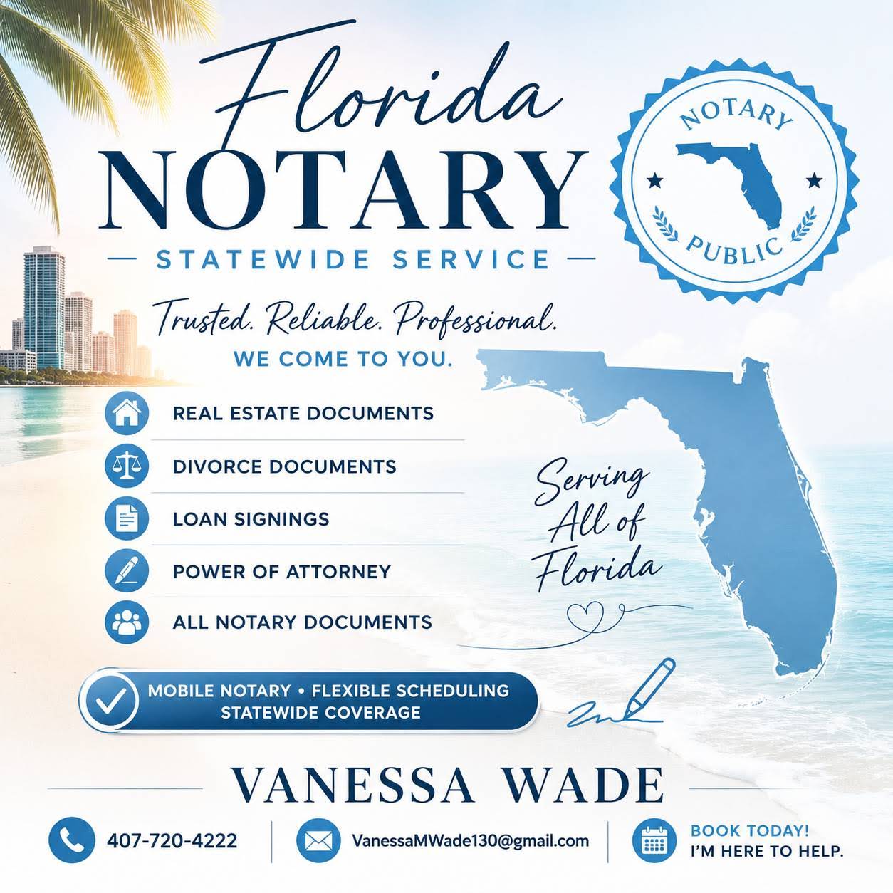 Florida notary service flyer with palm trees, state map, and contact info, listing services like documents, loan signings, and mobile notary.