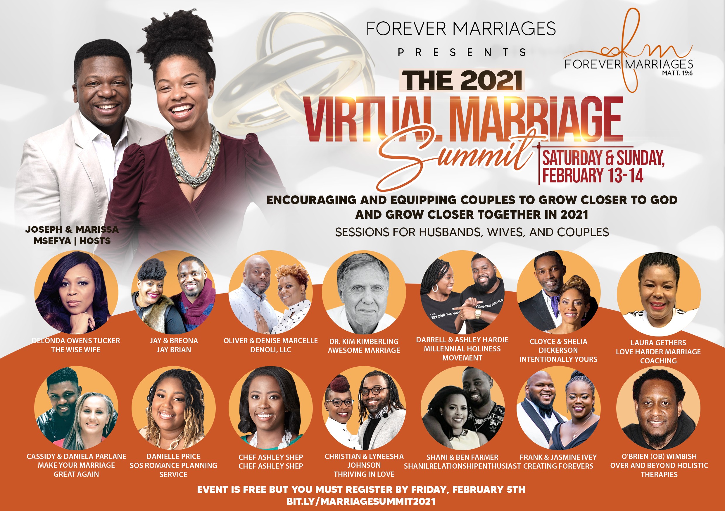 Two smiling people in formal attire, promotional text for a virtual marriage summit, date February 13-14, 2021, with additional speaker images.