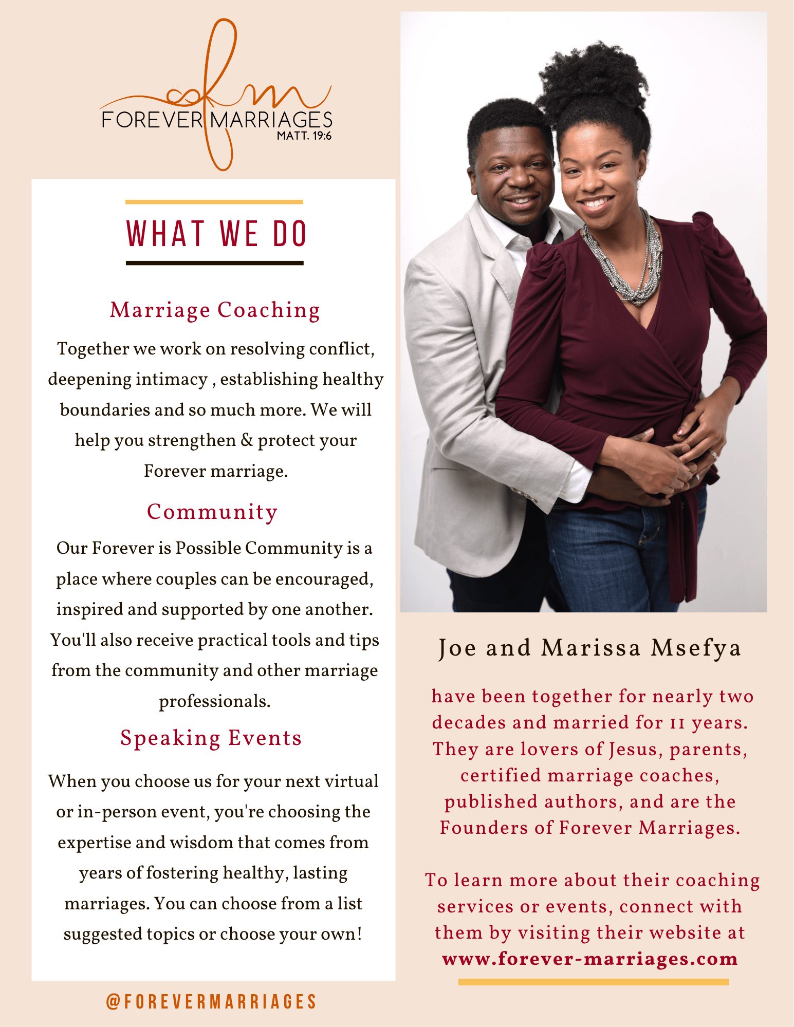 A smiling couple, Joe and Marissa Msefy, standing together, with text about marriage coaching and community support, and a website link.