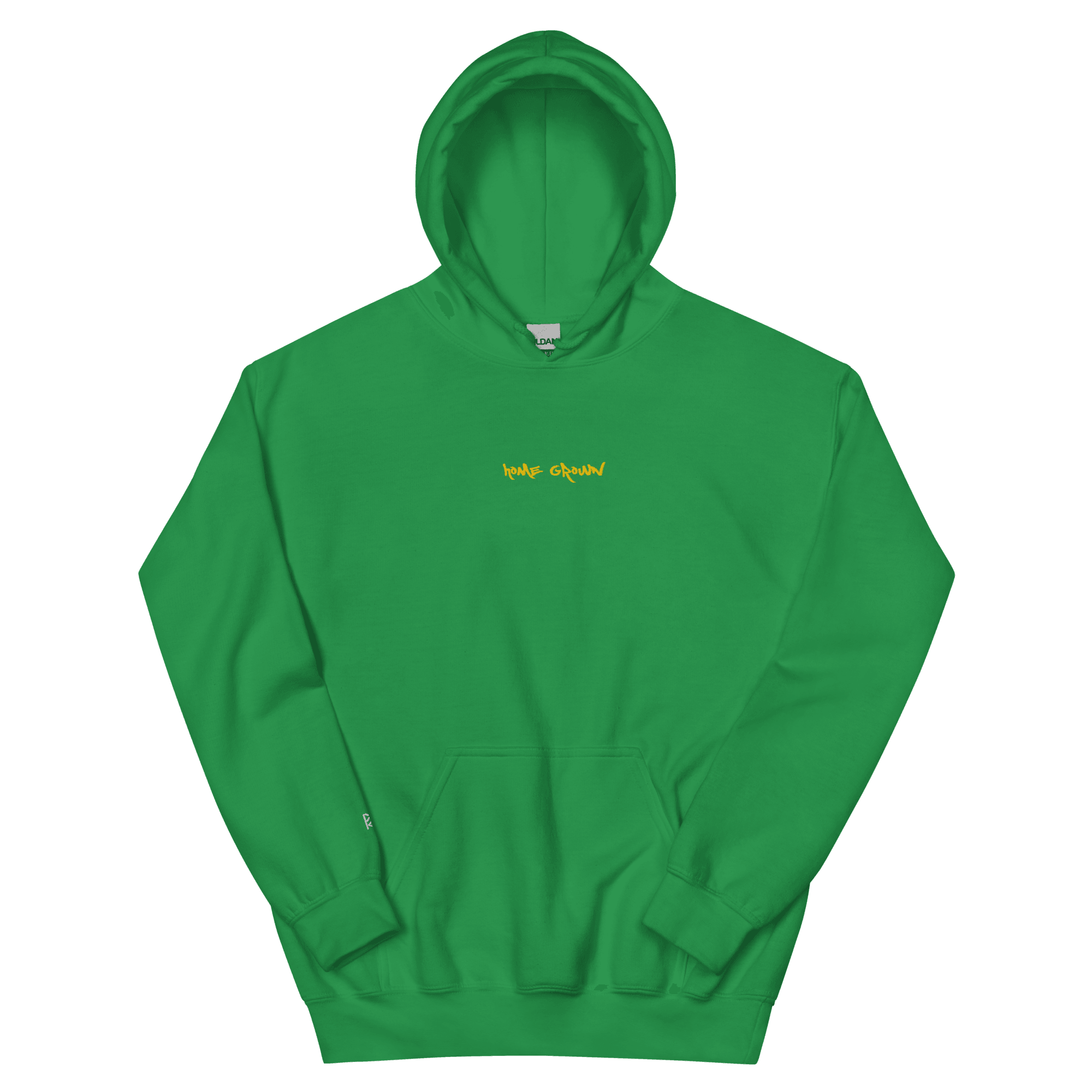 Green hoodie with yellow text on chest, hood up, against black background.