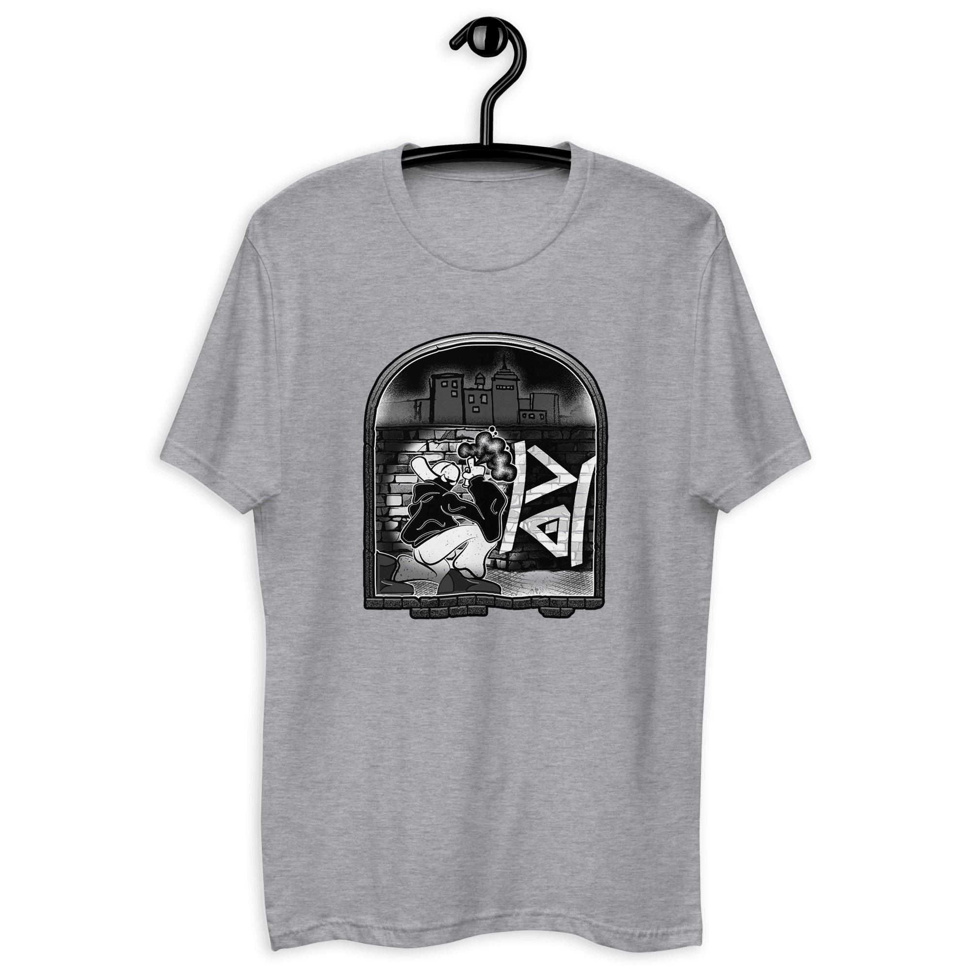 Gray T-shirt with a black and white graphic design inside an arched window frame, hanging on a black background.