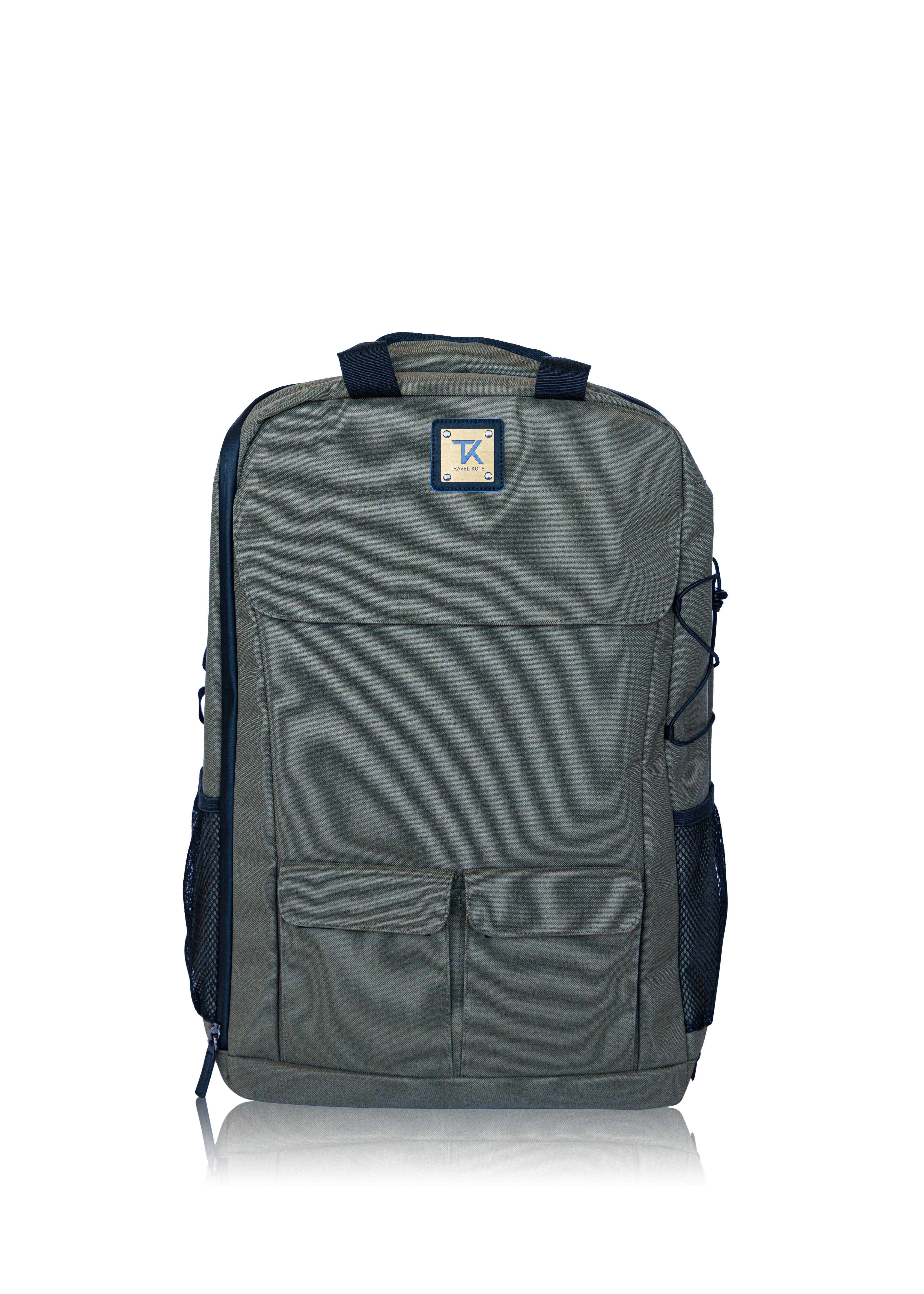 Gray backpack with multiple compartments and side mesh pockets, front zippered pocket, and handle on top.