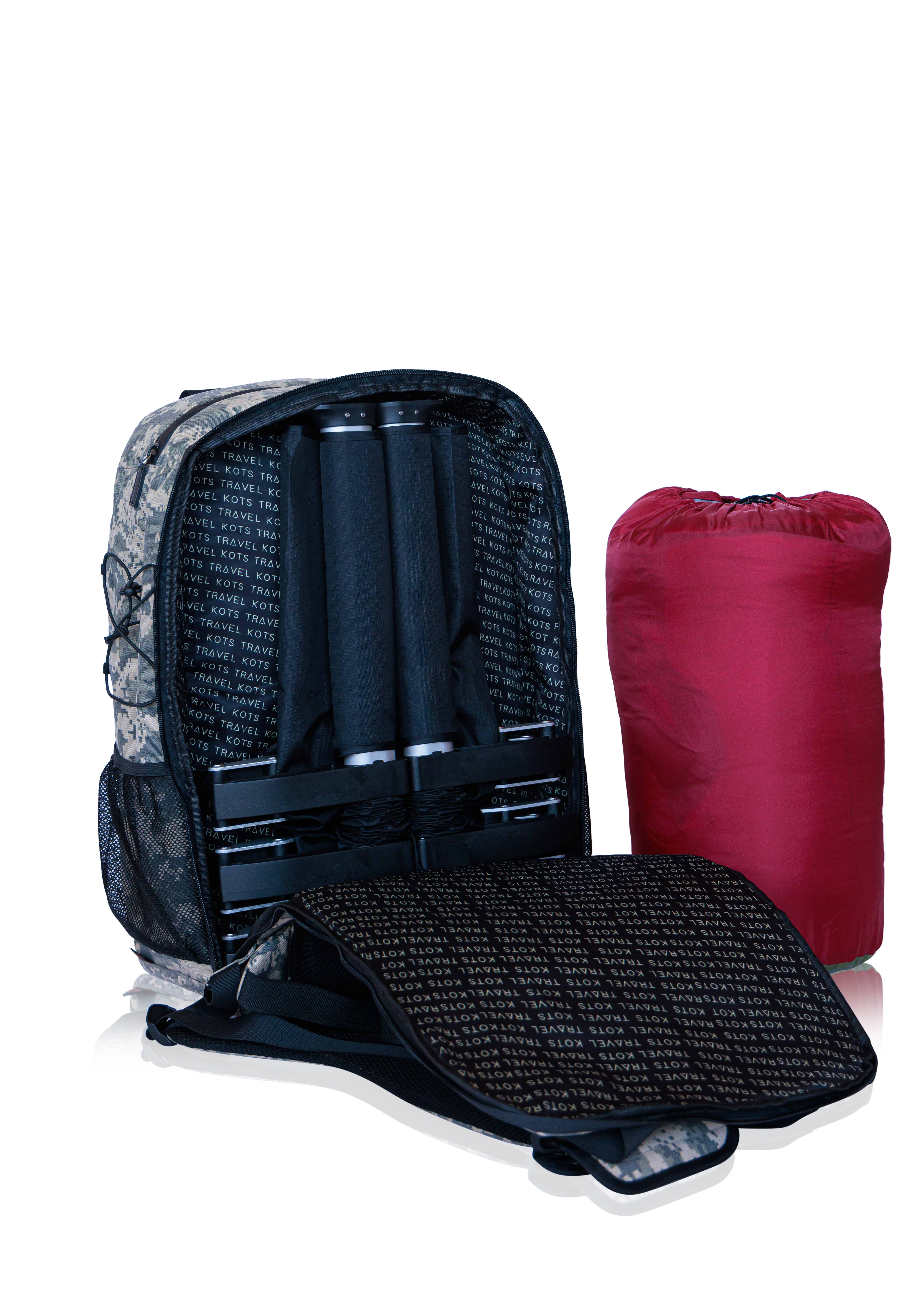 Open backpack with rolled sleeping pads and a red packed sleeping bag beside it.