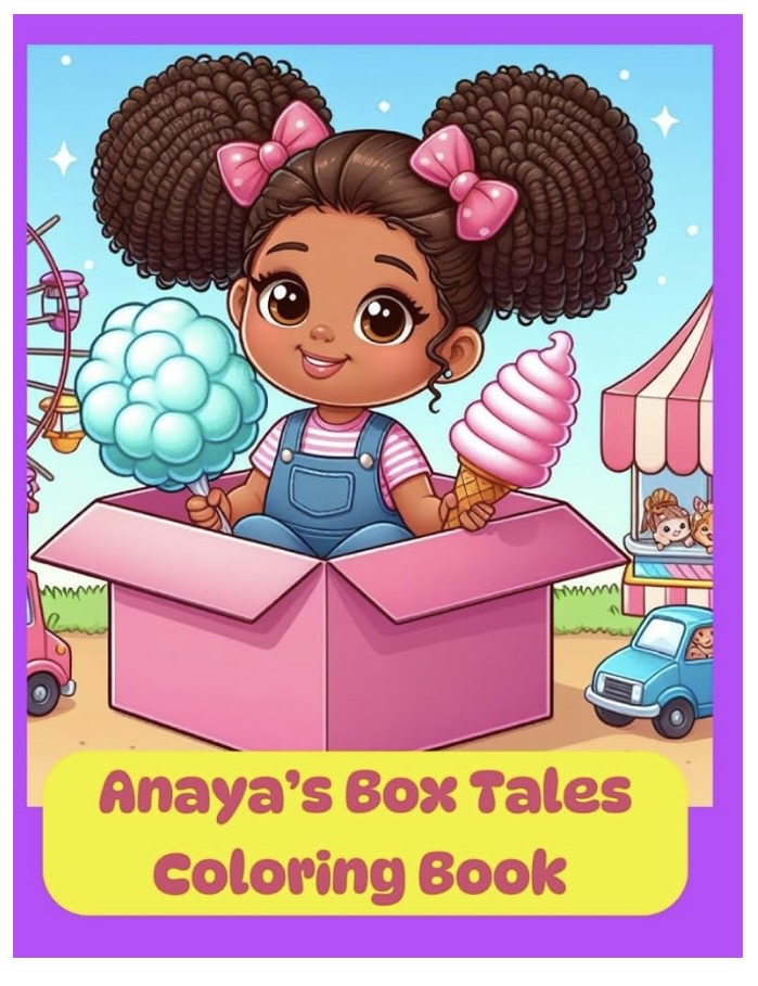 Girl with large curly hair and pink bows in a pink box holding cotton candy and ice cream, outdoors with a tent and cars.
