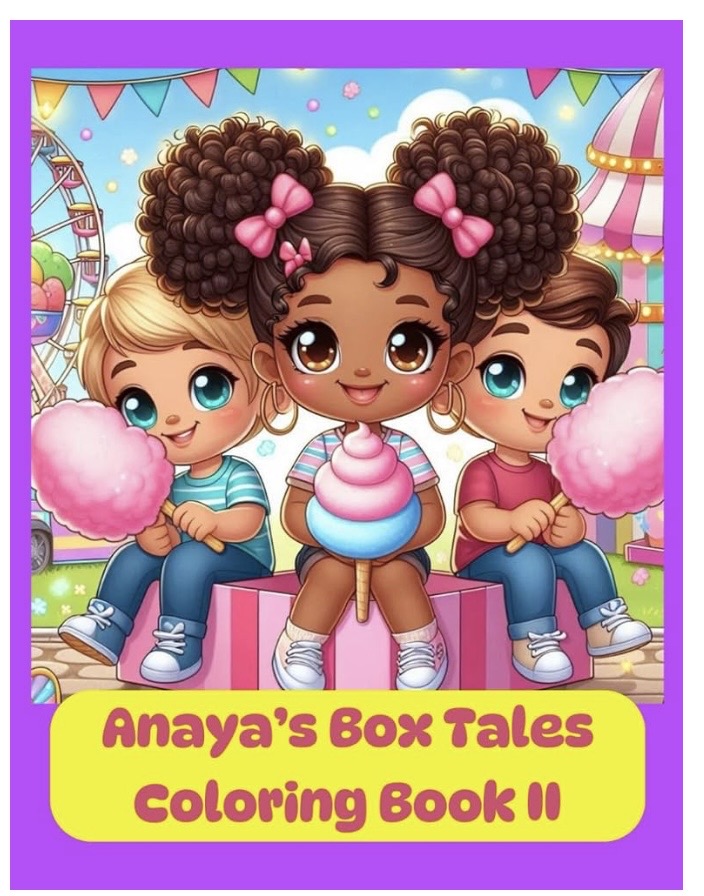 Three children sitting on a pink bench at a fair, holding cotton candy, with colorful tents and rides in background.