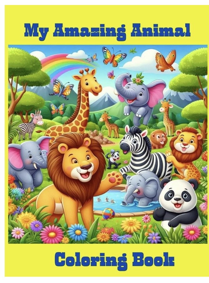 Colorful illustration of various animals in a vibrant landscape with trees, rainbow, and butterflies, titled 'My Amazing Animal Coloring Book'.