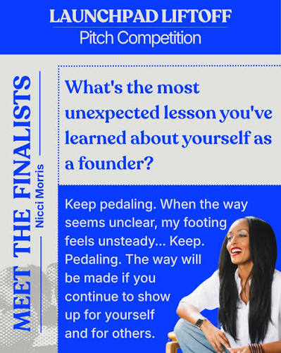 Blue poster with white and blue text about a pitch competition, featuring a smiling woman with long dark hair, wearing a white blazer. Word count: 37, confidence: 0.9