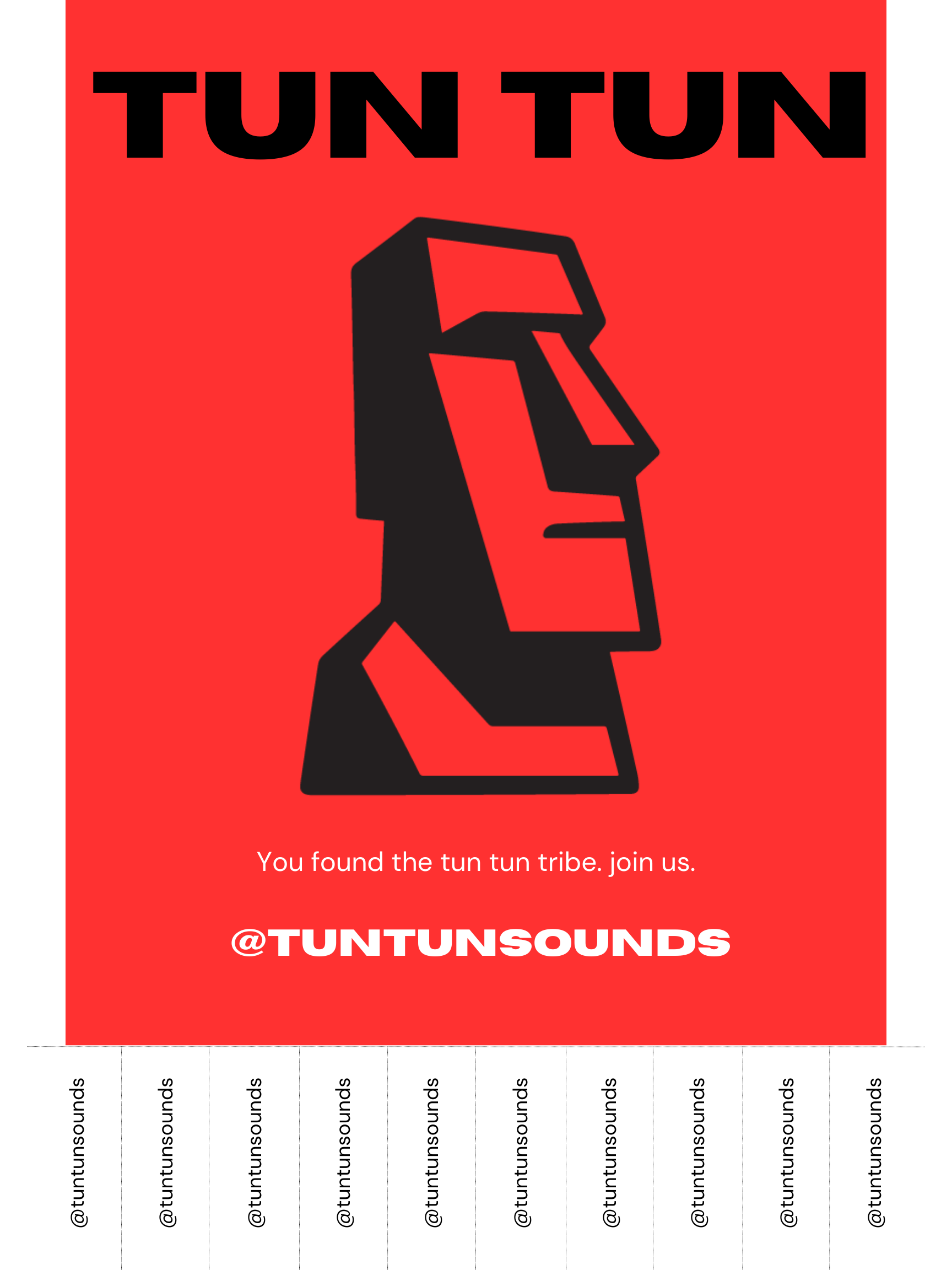 Red background with black stylized face and bold text 'TUN TUN' at top, social media handle and message at bottom.