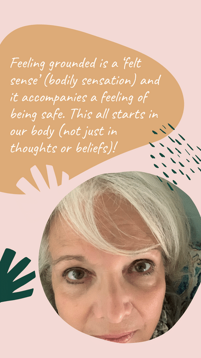 Close-up of a woman's face with light hair, surrounded by abstract shapes and a quote about feeling grounded.