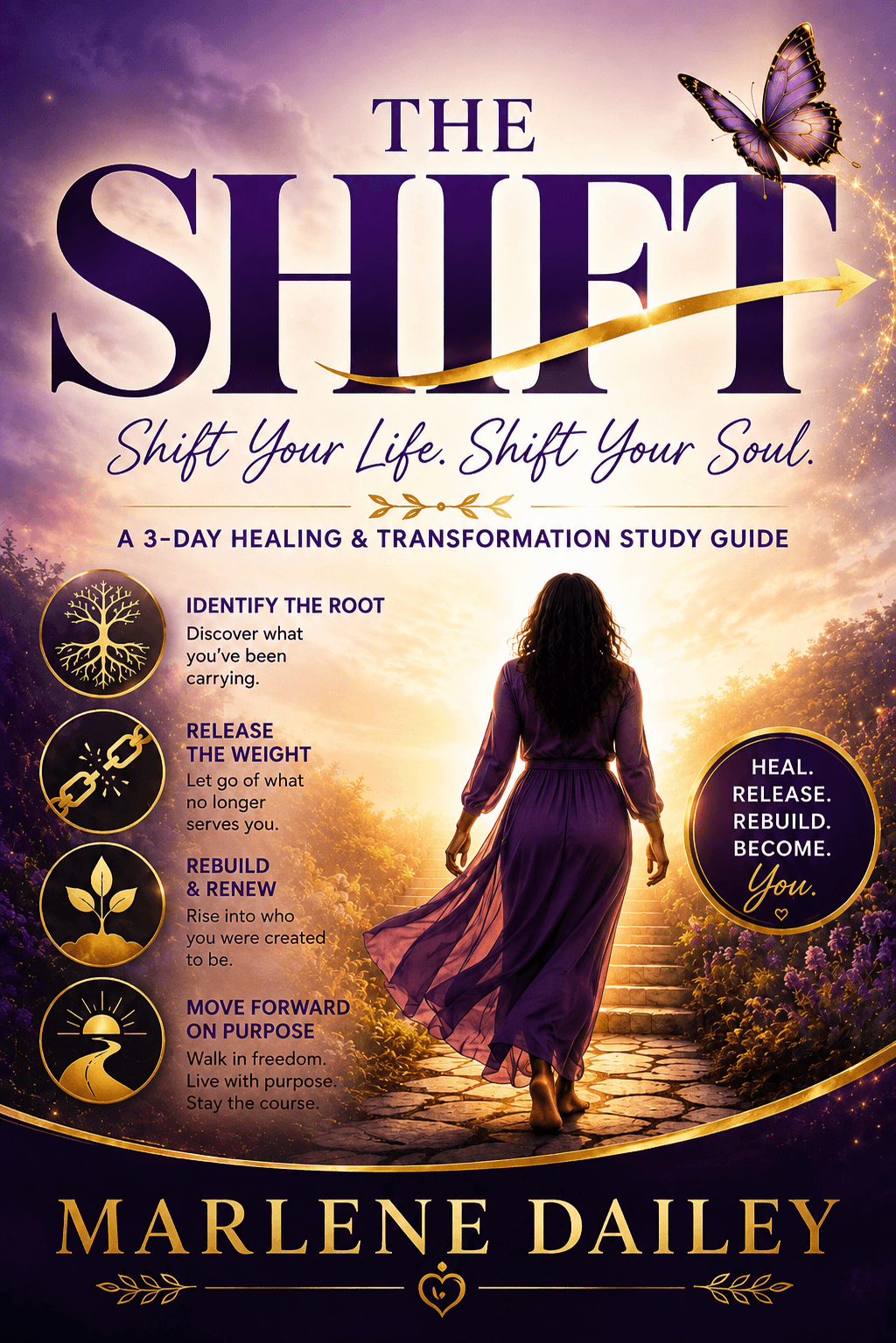 Woman walking on a path with a butterfly in the sky, purple and gold colors, book title and author name.