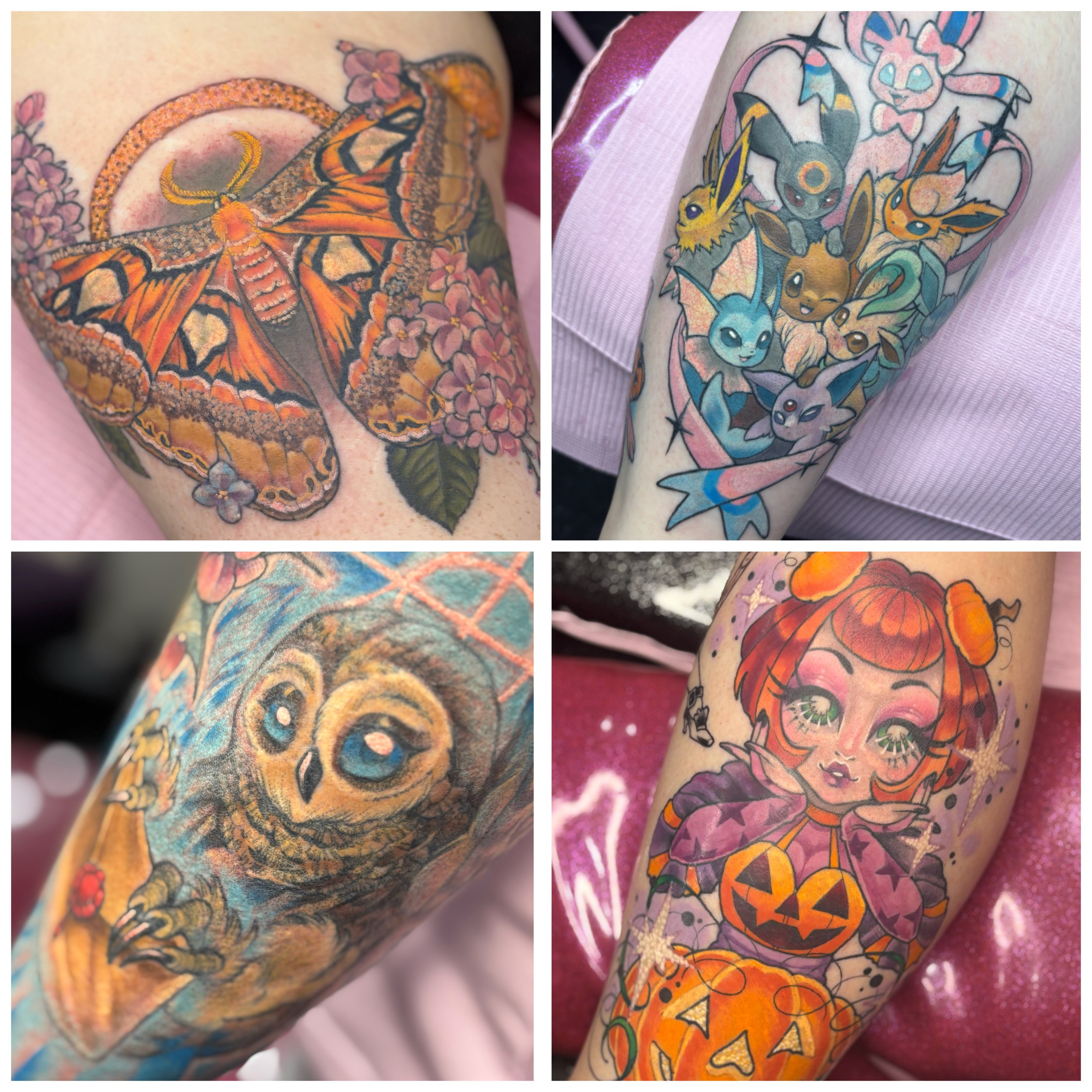 Four tattoos: butterfly on shoulder, colorful animals on arm, owl on forearm, girl with pumpkin on arm.