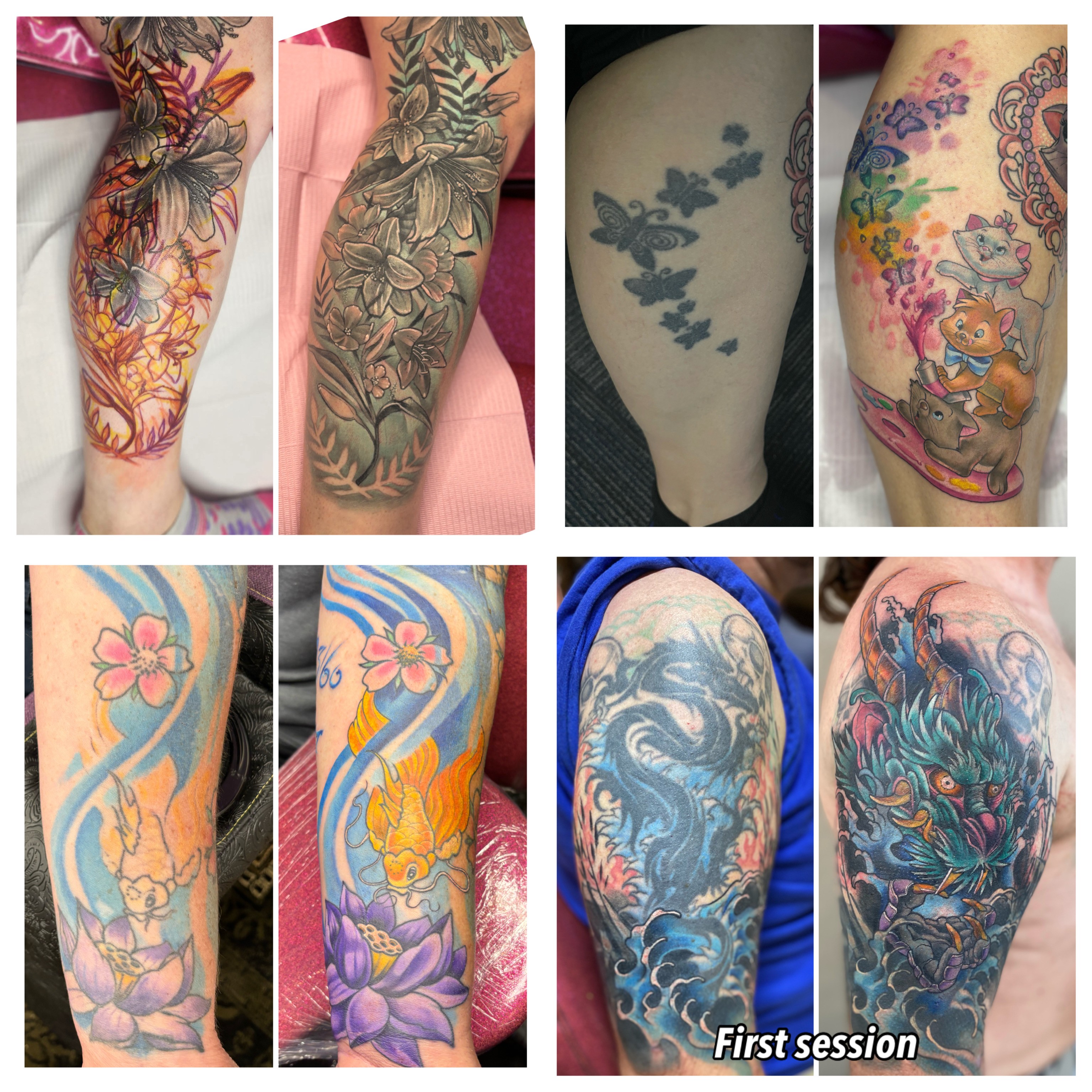 Collection of colorful tattoo designs on arms and legs, including flowers, animals, and abstract patterns, with some images labeled 'first session'.