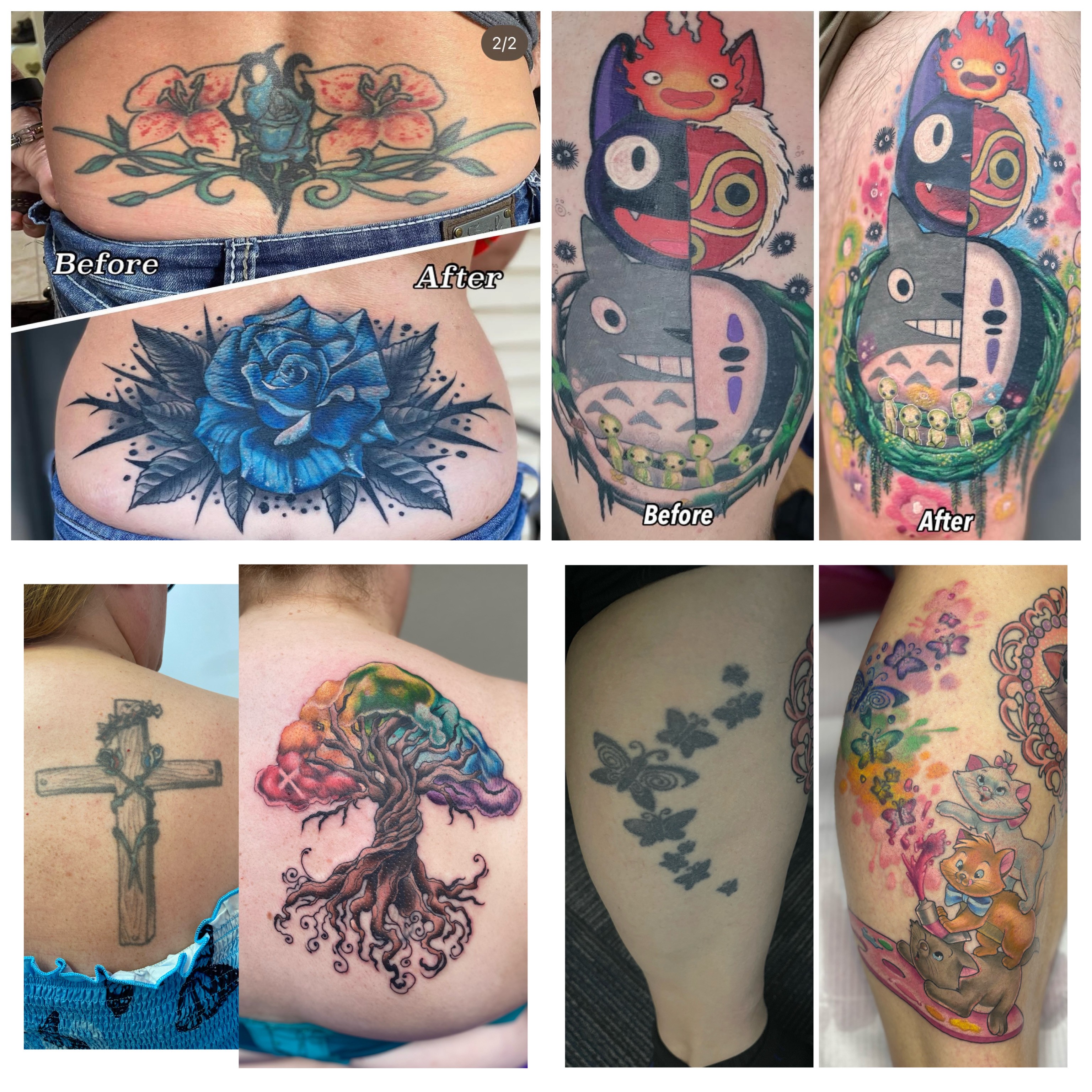 Collage of various tattoos before and after modifications, including flowers, animals, and symbols, on different body parts.