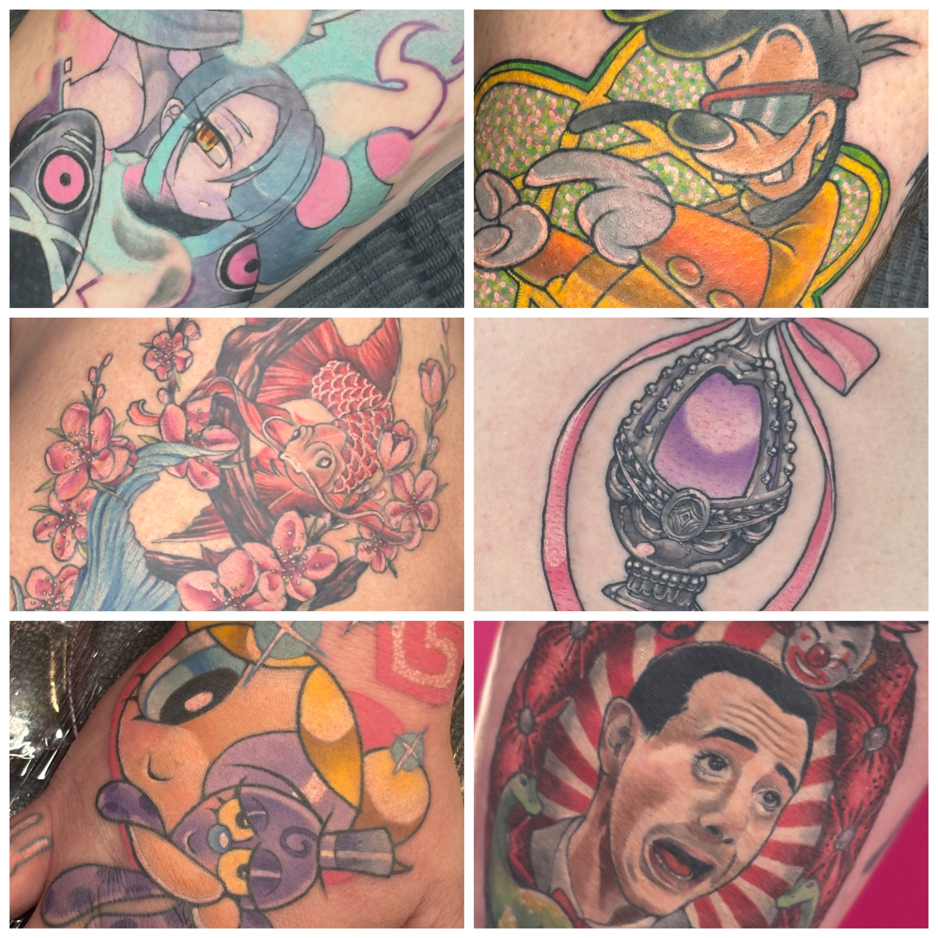 Six tattoo images featuring characters and designs, including a cartoon girl, Mickey Mouse, a woman with flowers, a wristwatch, a cartoon cat, and a surprised man.