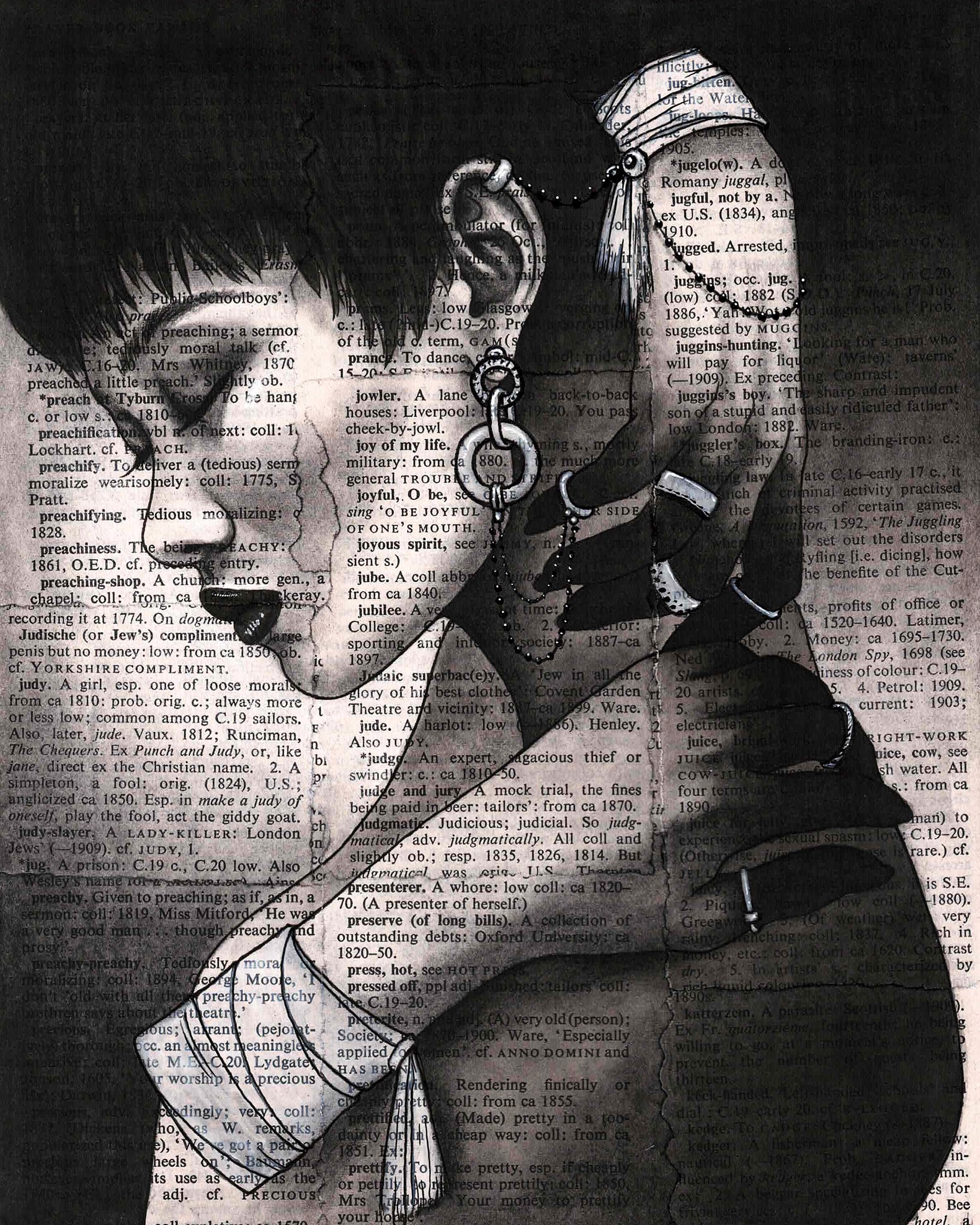 Black and white portrait of a woman with short hair, earrings, and tattoos, resting her chin on her hand, with text background.