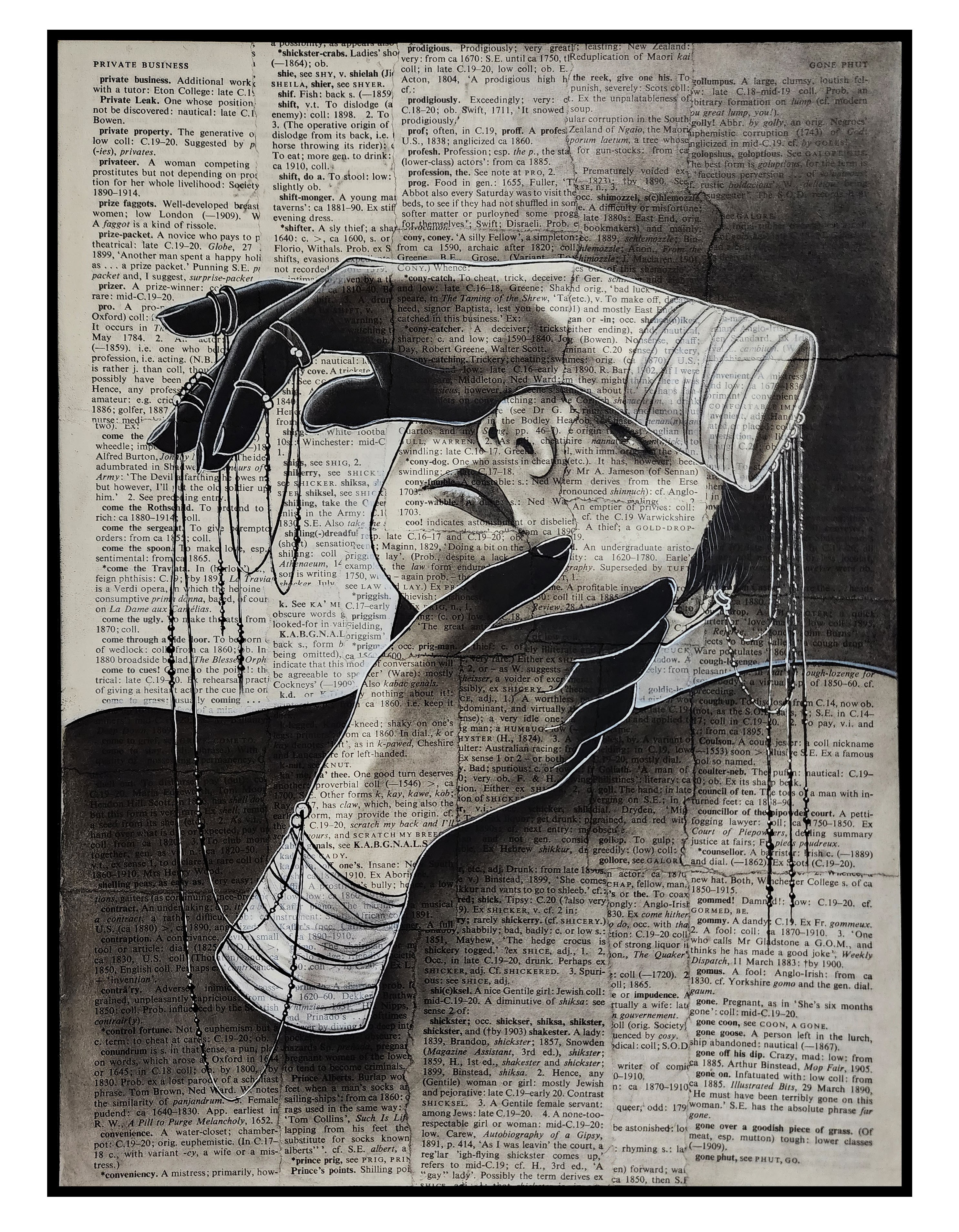 A hand holding a rolled newspaper over a face, with the face's eyes closed, on a newspaper background.