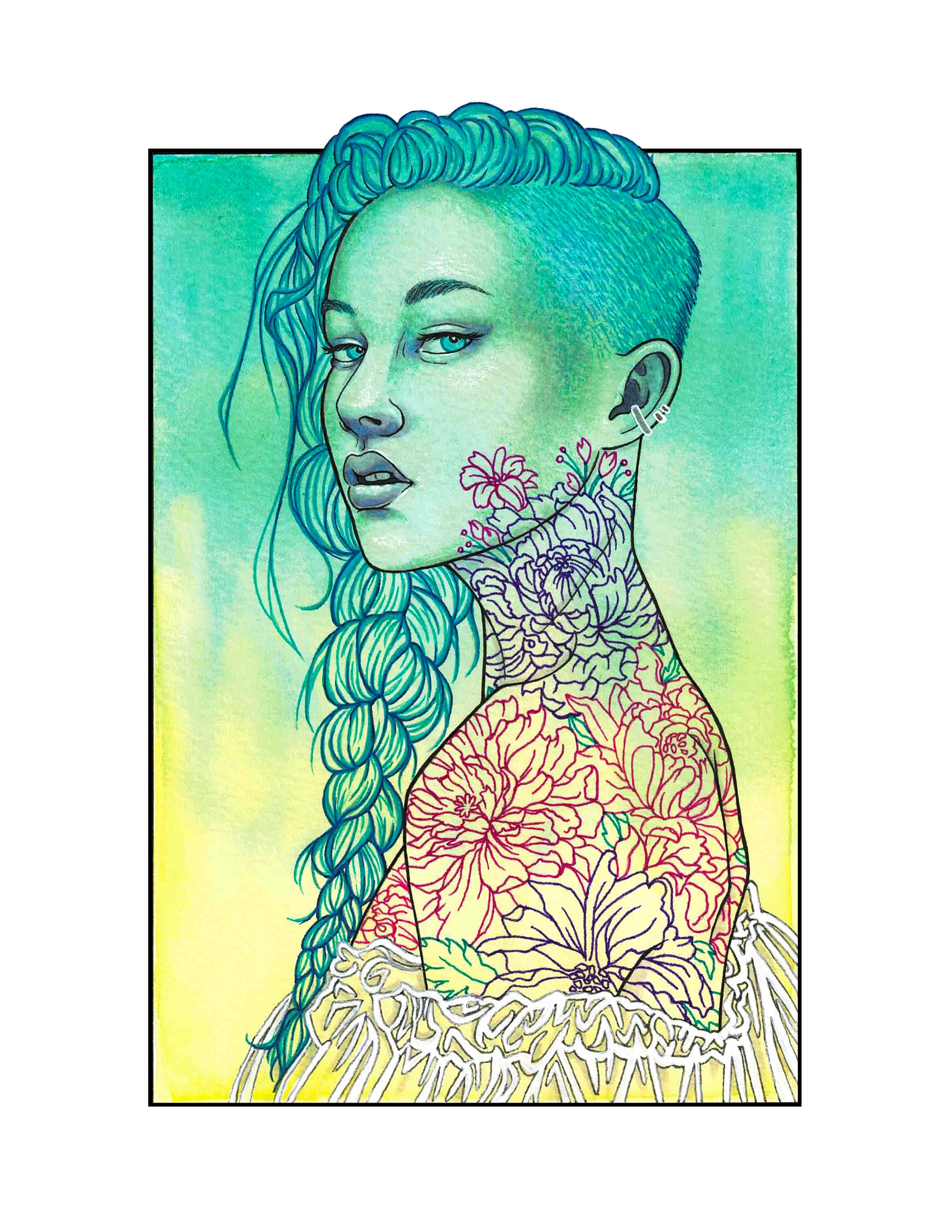 Portrait of a woman with long braided hair, tattoos on her neck and shoulder, and a colorful background.
