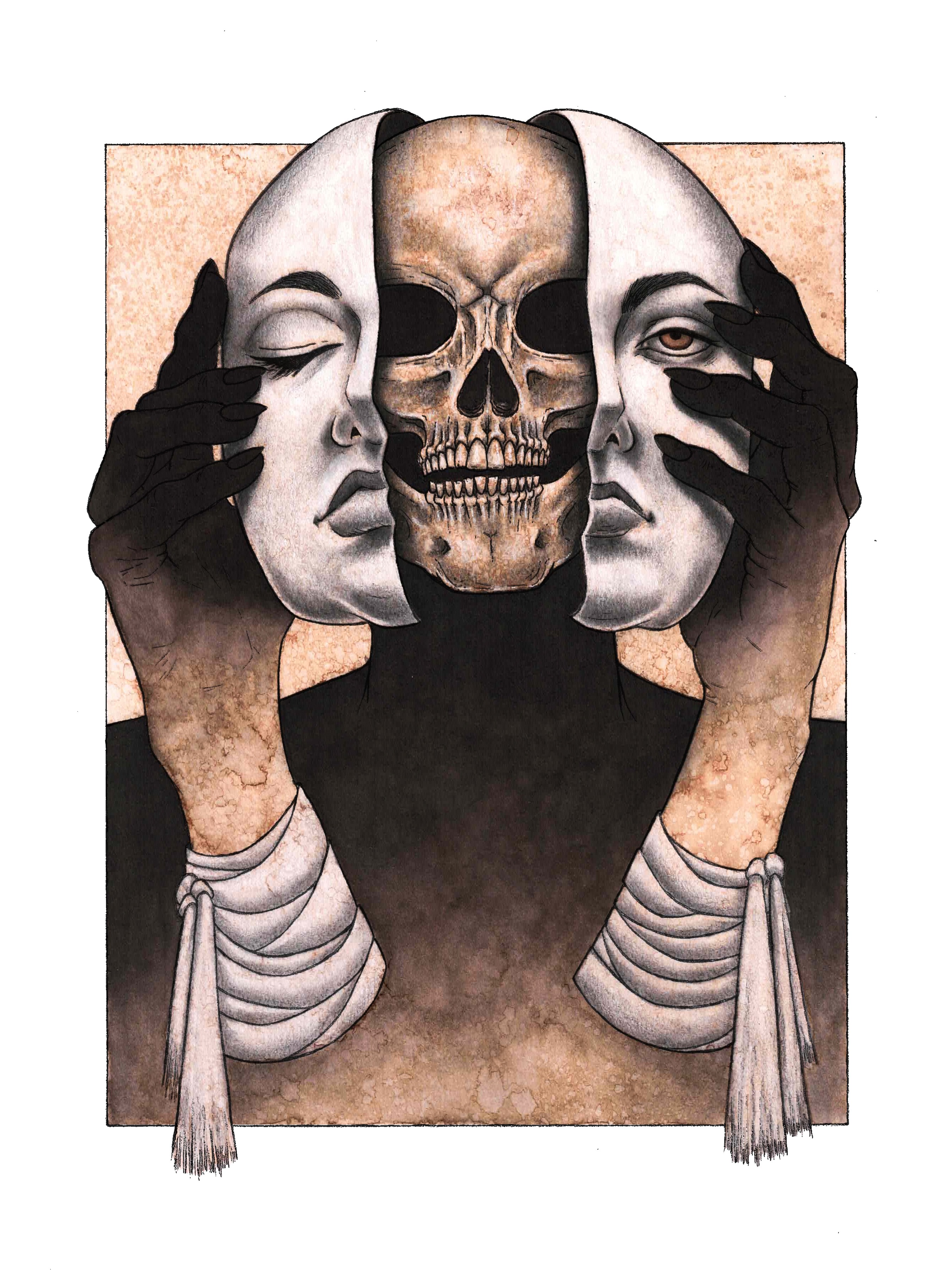 Two faces with masks and a skull in the center, held by hands with long sleeves and tassels, against a textured background.