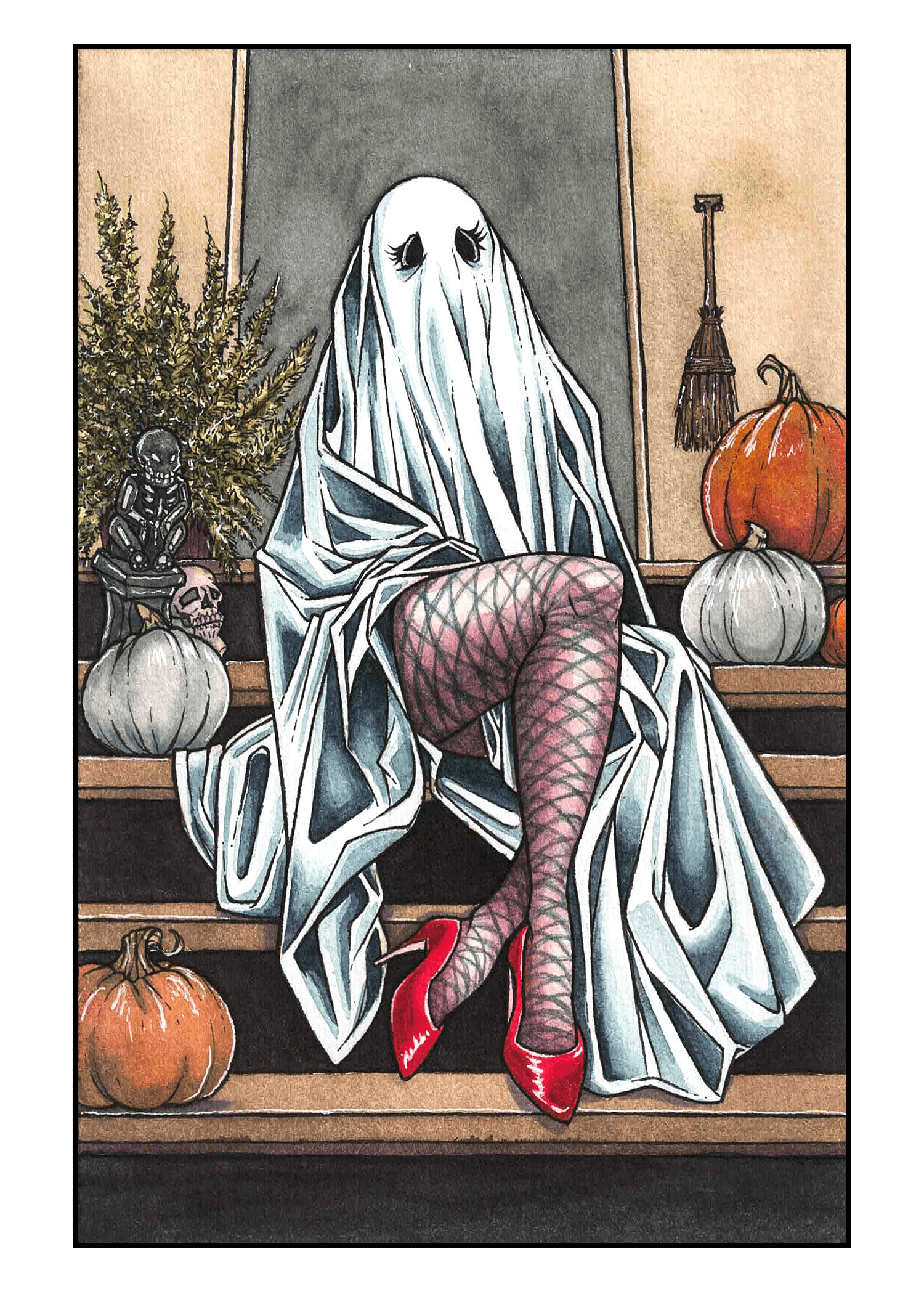Person dressed as a ghost with fishnet stockings and red high heels sitting on a bench surrounded by pumpkins and Halloween decorations.