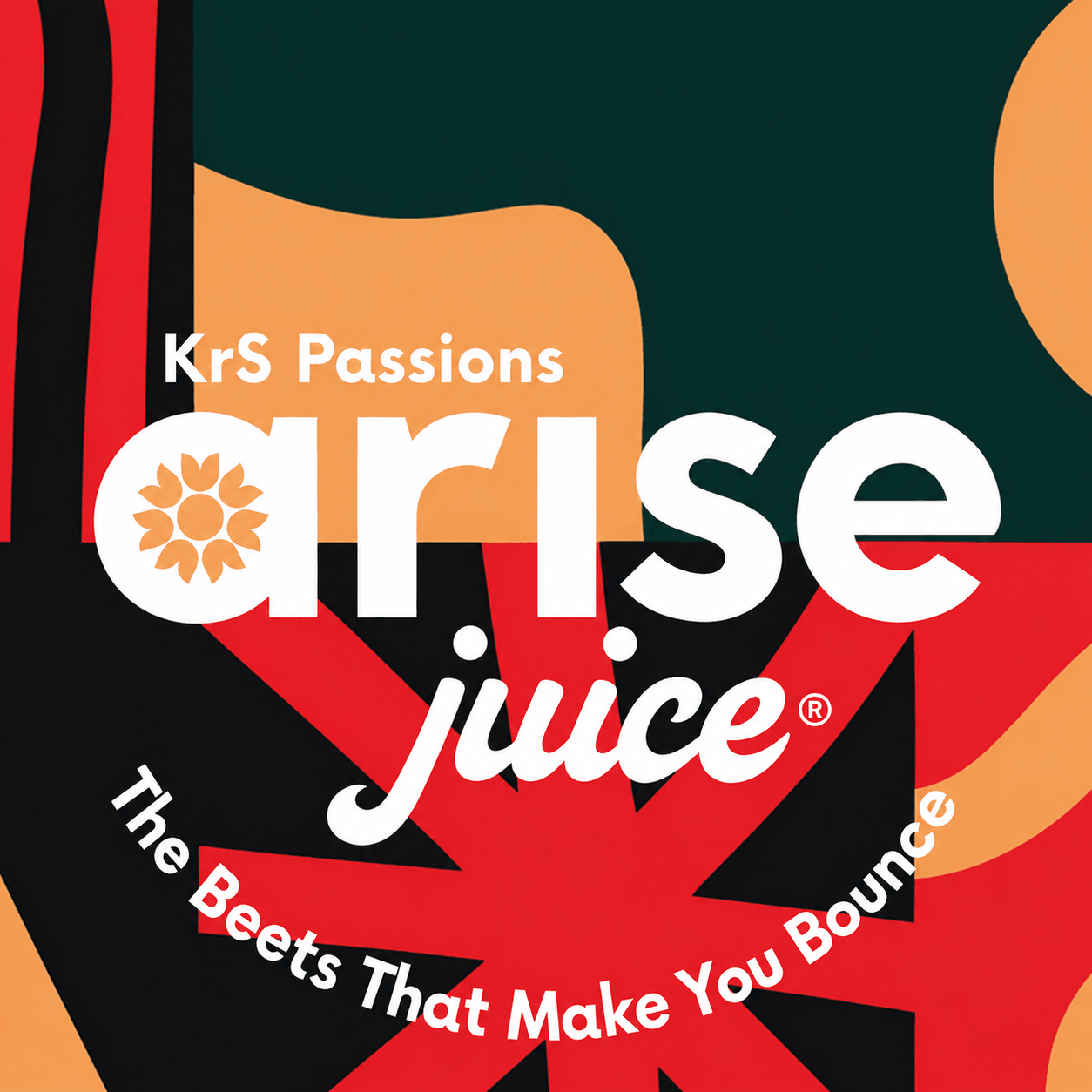 Colorful logo with text about passions, beets, and bounce, featuring a stylized flower and bold typography.