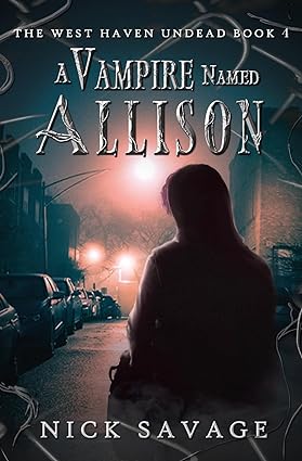 Silhouette of a person standing on a dark street with parked cars and streetlights, nighttime scene, book cover design.