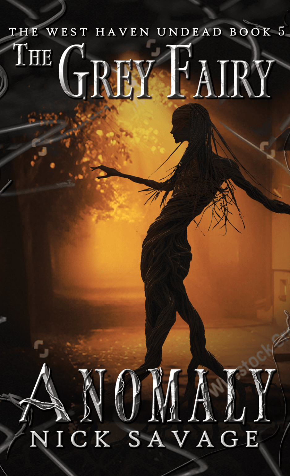 Silhouette of a fairy-like figure with wings and long hair, standing outdoors at sunset with trees and glowing light in background.