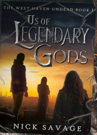 Three silhouetted people stand against a sunset sky with dark clouds, with the title and author's name overlaid.