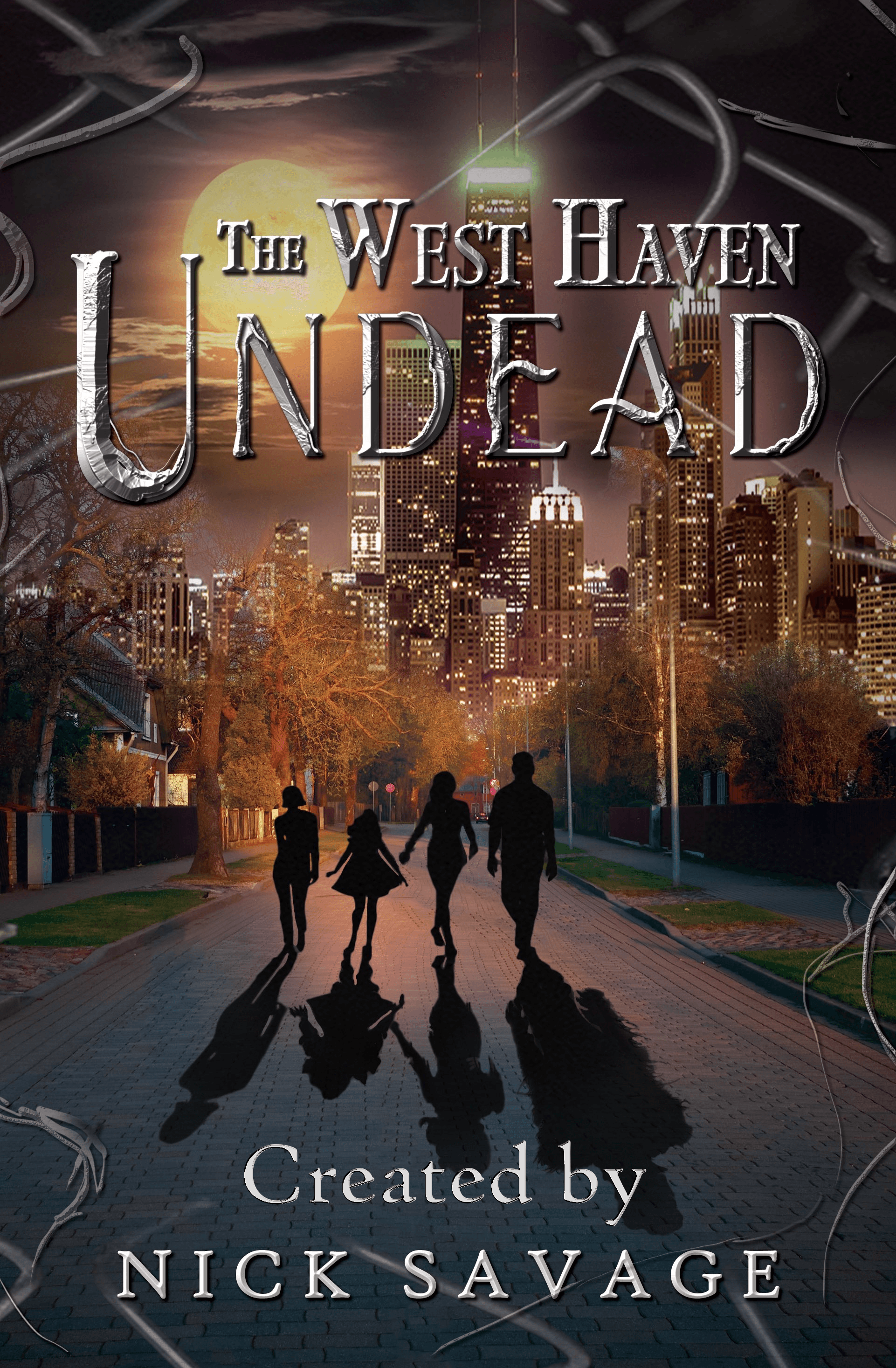 Four people walk on a city street at night with a city skyline and dark sky in the background.